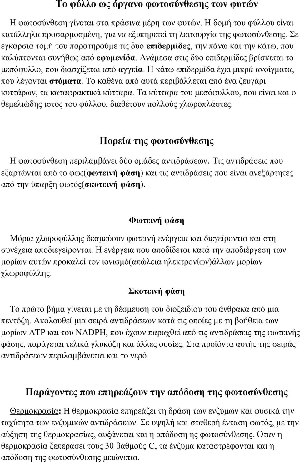 Η κάτω επιδερμίδα έχει μικρά ανοίγματα, που λέγονται στόματα. Το καθένα από αυτά περιβάλλεται από ένα ζευγάρι κυττάρων, τα καταφρακτικά κύτταρα.