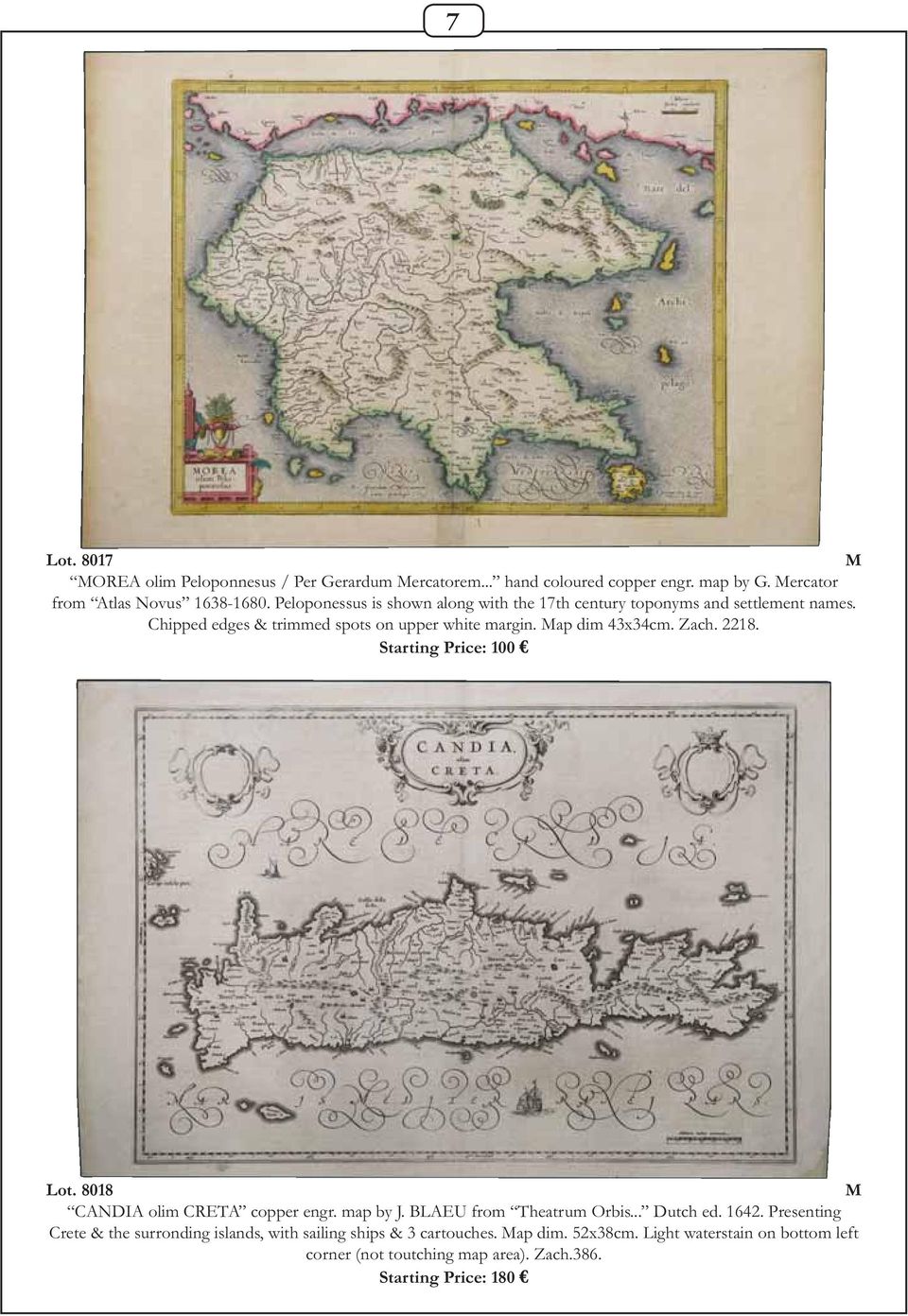 Zach. 2218. Starting Price: 100 Lot. 8018 CANDIA olim CRETA copper engr. map by J. BLAEU from Theatrum Orbis... Dutch ed. 1642.