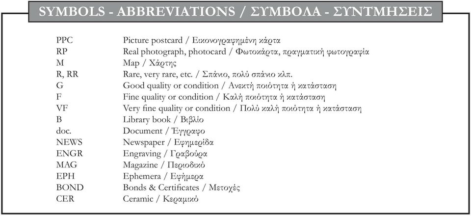 G Good quality or condition / Ανεκτή ποιότητα ή κατάσταση F Fine quality or condition / Καλή ποιότητα ή κατάσταση VF Very fine quality or condition /