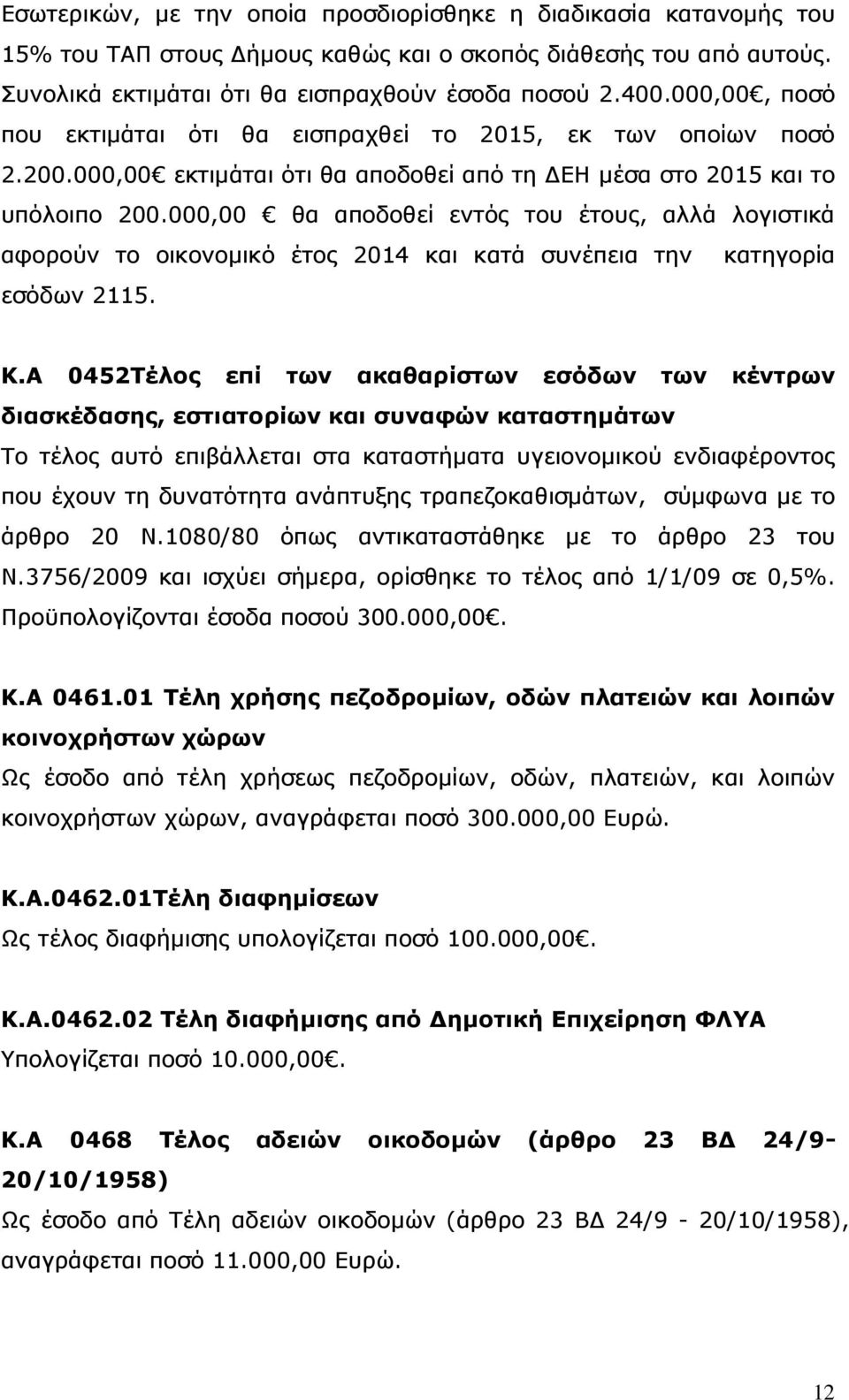 000,00 θα αποδοθεί εντός του έτους, αλλά λογιστικά αφορούν το οικονομικό έτος 2014 και κατά συνέπεια την κατηγορία εσόδων 2115. Κ.