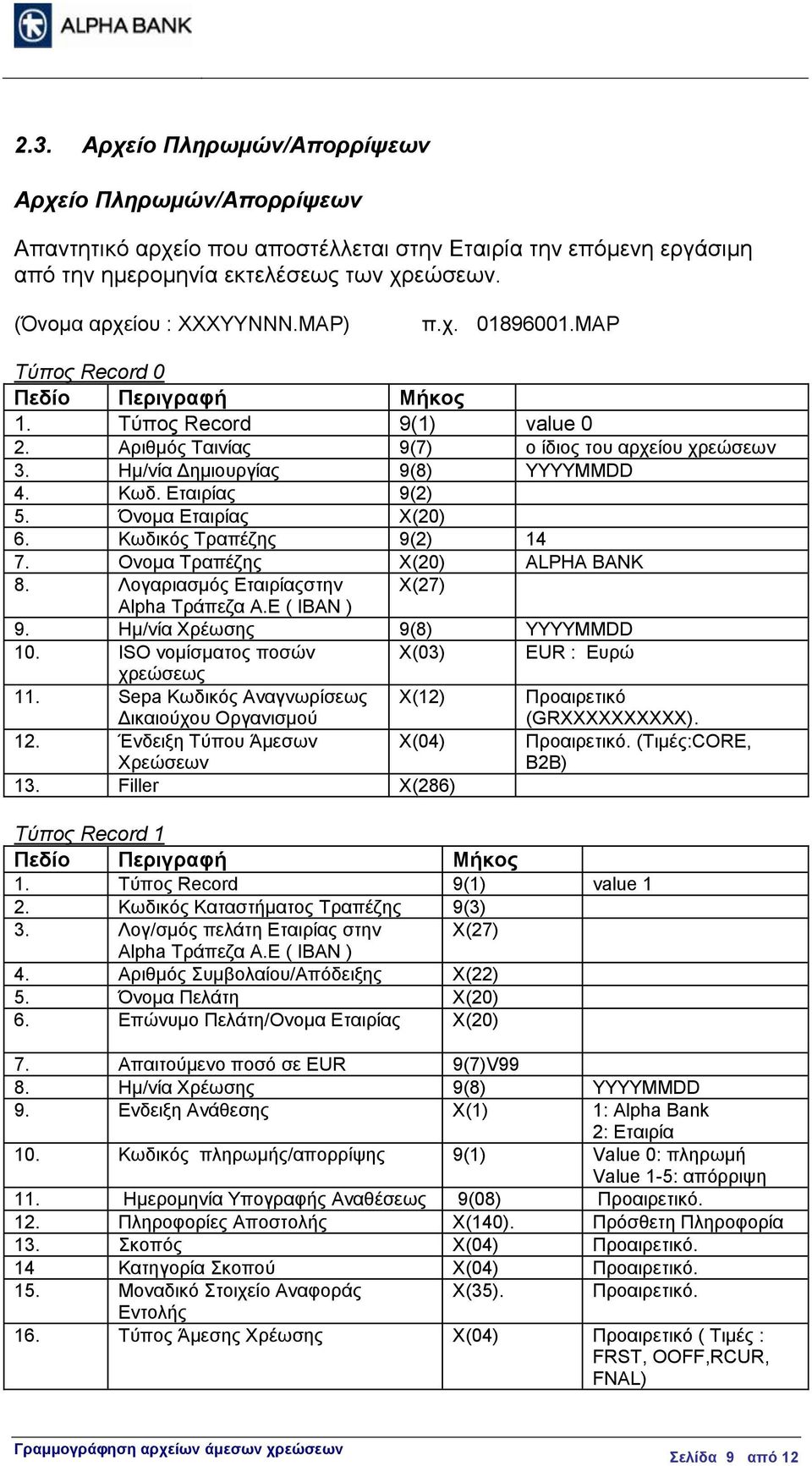 Εταιρίας 9(2) 5. Όνομα Εταιρίας Χ(20) 6. Κωδικός Τραπέζης 9(2) 14 7. Ονομα Τραπέζης Χ(20) ALPHA BANK 8. Λογαριασμός Εταιρίαςστην X(27) Αlpha Τράπεζα Α.Ε ( IBAN ) 9. Ημ/νία Χρέωσης 9(8) YYYYMMDD 10.
