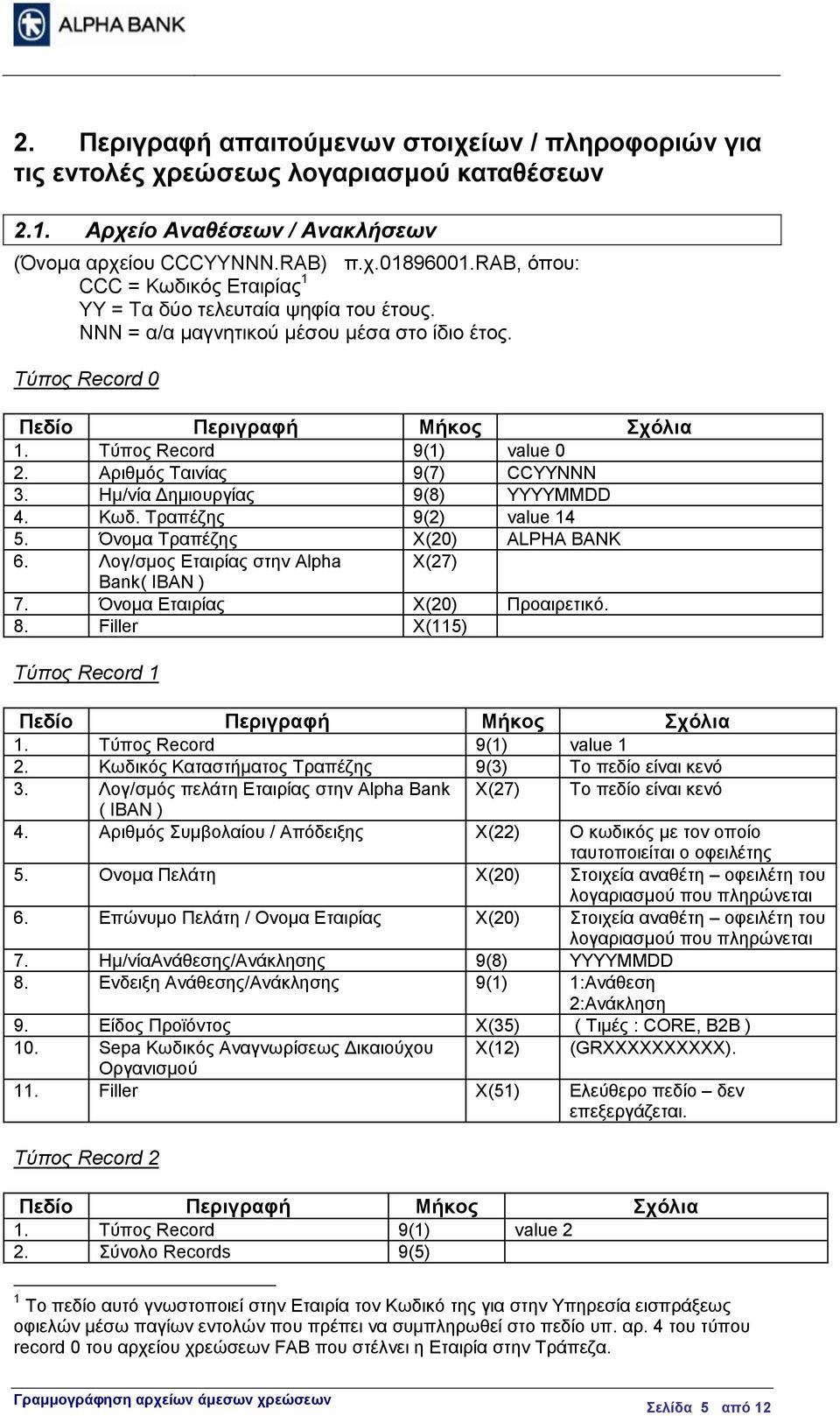 Αριθμός Ταινίας 9(7) CCΥΥΝΝΝ 3. Ημ/νία Δημιουργίας 9(8) ΥΥΥΥΜΜDD 4. Κωδ. Τραπέζης 9(2) value 14 5. Όνομα Τραπέζης Χ(20) ALPHA BANK 6. Λογ/σμος Εταιρίας στην Αlpha X(27) Bank( IBAN ) 7.