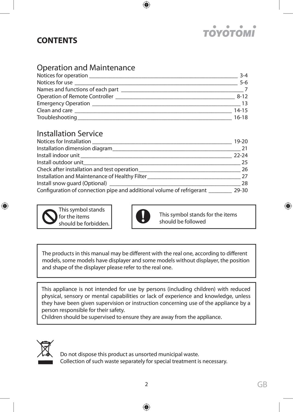 operation 26 Installation and Maintenance of Healthy Filter 27 Install snow guard (Optional) 28 Configuration of connection pipe and additional volume of refrigerant 29-30 This symbol stands for the