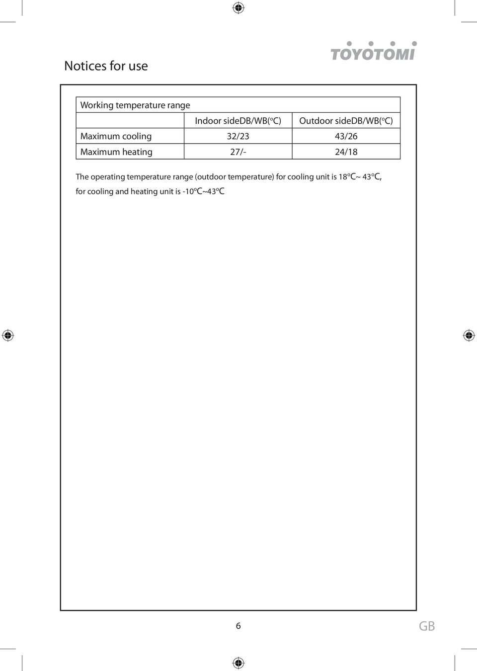 27/- 24/18 The operating temperature range (outdoor temperature) for