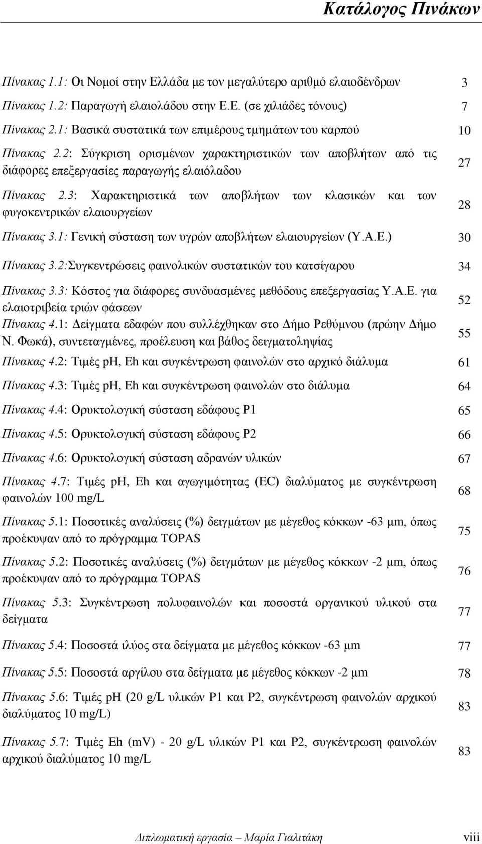 3: Χαρακτηριστικά των αποβλήτων των κλασικών και των φυγοκεντρικών ελαιουργείων 27 28 Πίνακας 3.1: Γενική σύσταση των υγρών αποβλήτων ελαιουργείων (Υ.Α.Ε.) 30 Πίνακας 3.