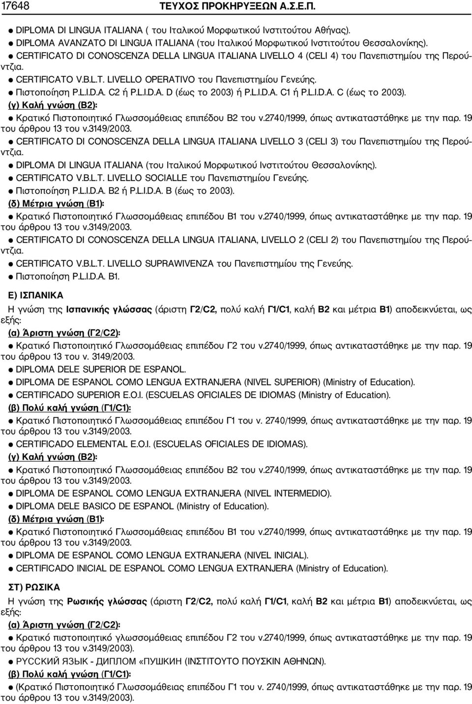 L.I.D.A. C1 ή P.L.I.D.A. C (έως το 2003). (γ) Καλή γνώση (Β2): Κρατικό Πιστοποιητικό Γλωσσομάθειας επιπέδου Β2 του ν.2740/1999, όπως αντικαταστάθηκε με την παρ.
