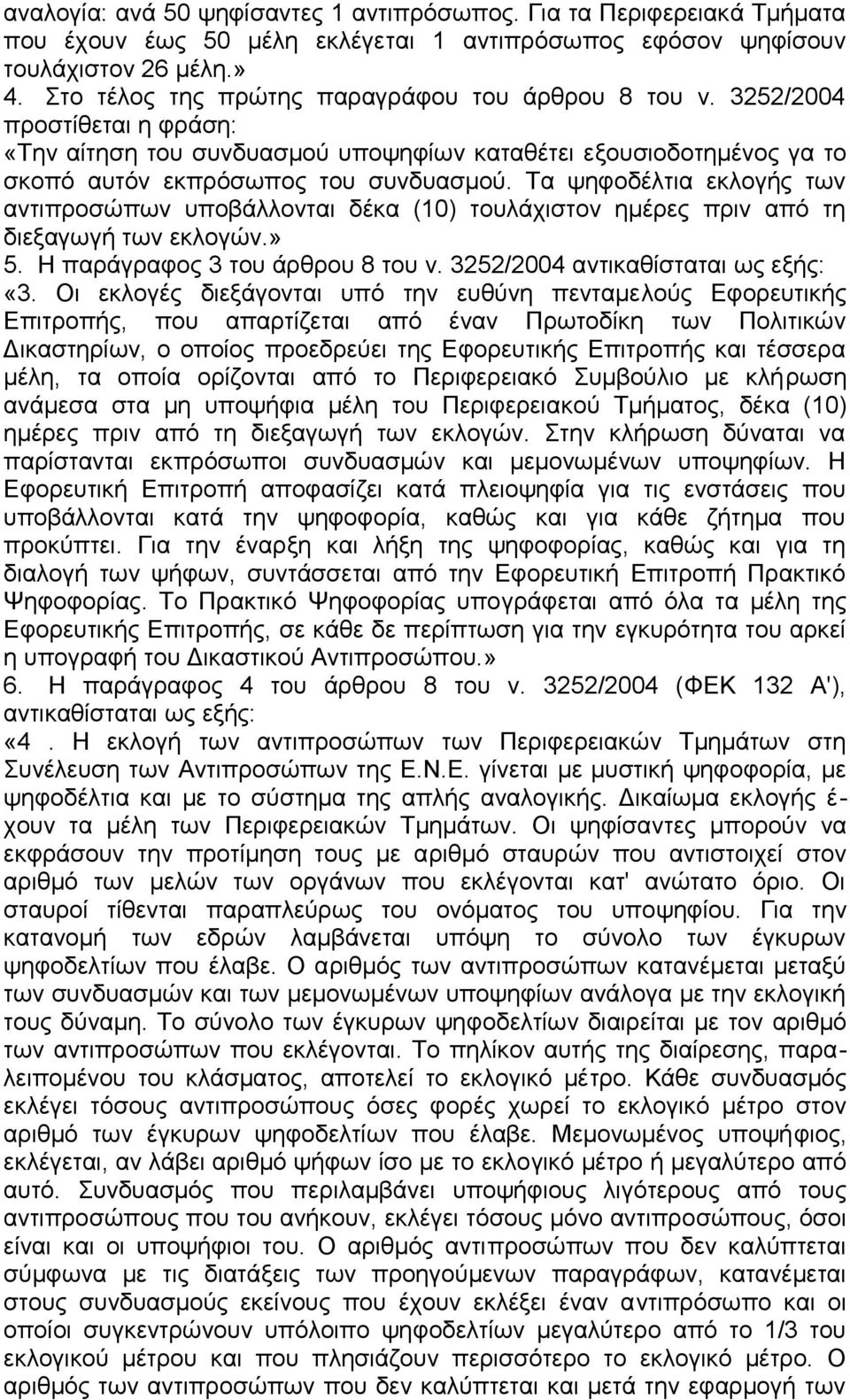 Τα ψηφοδέλτια εκλογής των αντιπροσώπων υποβάλλονται δέκα (10) τουλάχιστον ημέρες πριν από τη διεξαγωγή των εκλογών.» 5. Η παράγραφος 3 του άρθρου 8 του ν. 3252/2004 αντικαθίσταται ως εξής: «3.