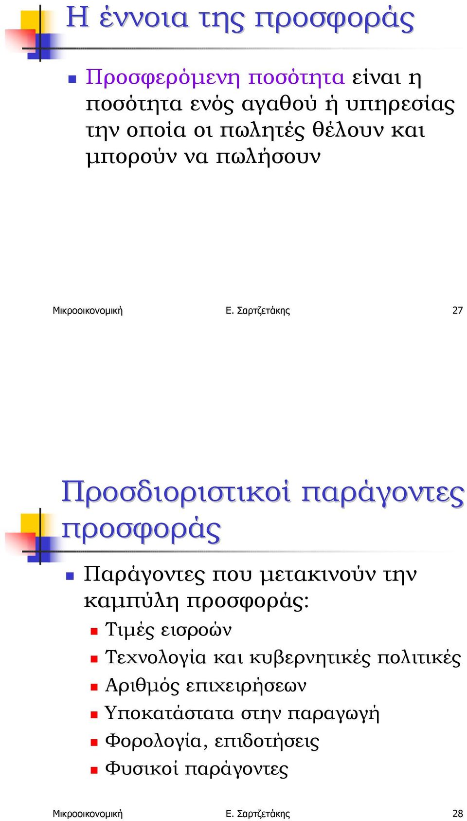 πωλήσουν Μικροοικονοµική Ε. Σαρτζετάκης 27 Προσδιοριστικοί παράγοντες προσφοράς!