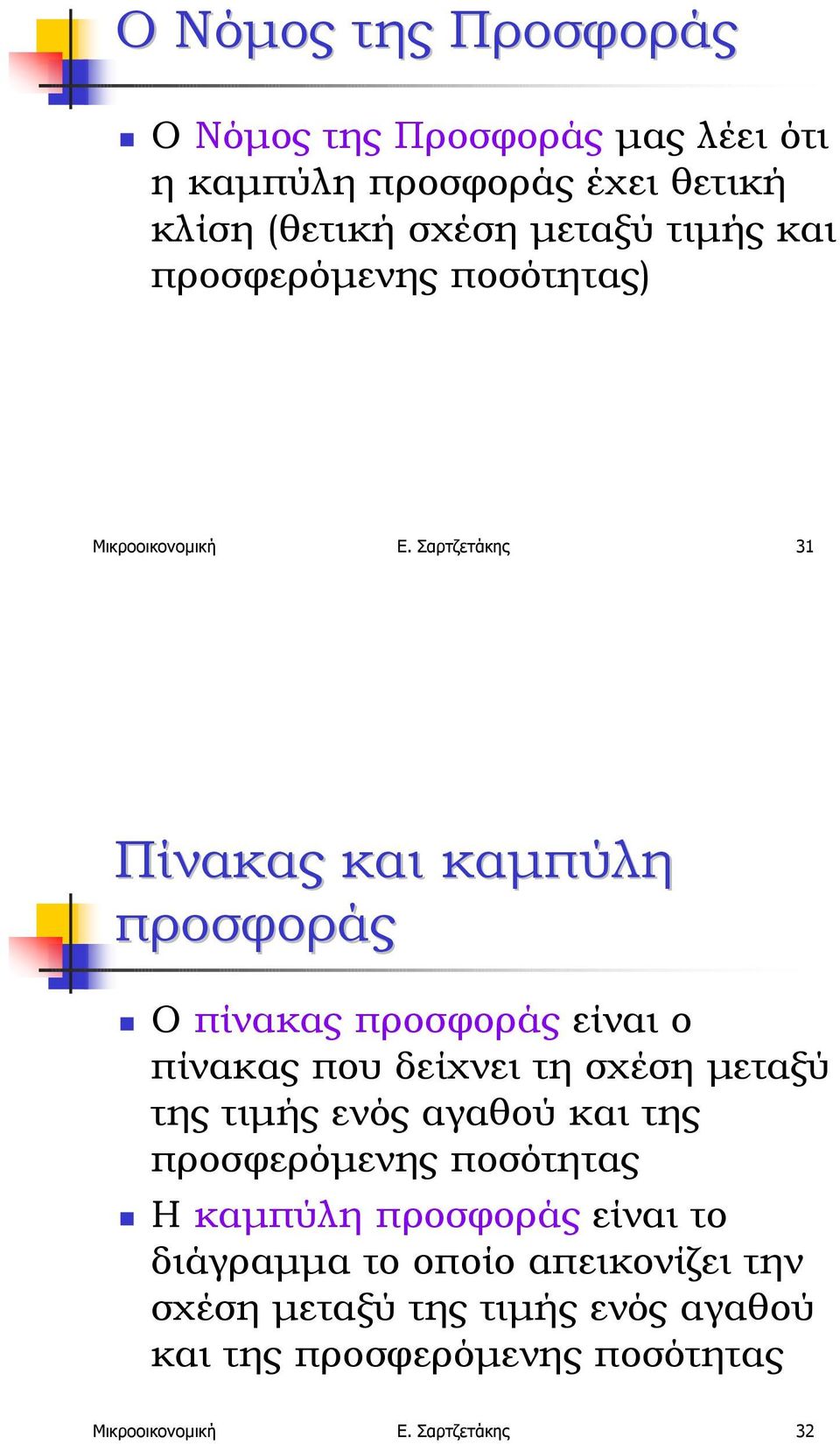 ποσότητας) Μικροοικονοµική Ε. Σαρτζετάκης 31 Πίνακας και καµπύλη προσφοράς!