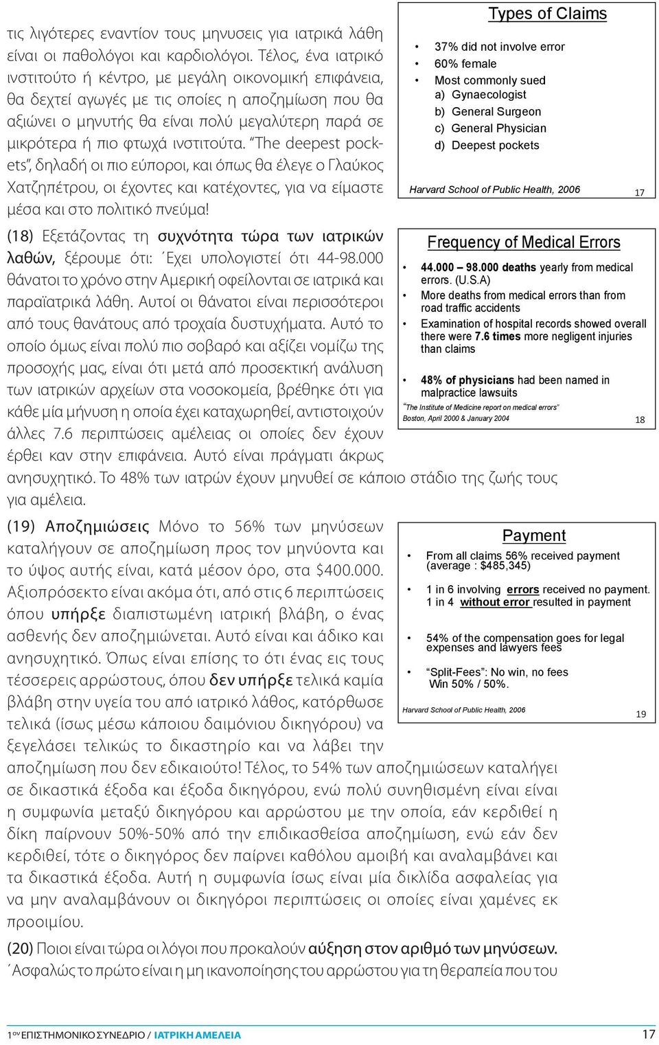 οι περισσότεροι Στον αντίποδα, ιατροί-αποδέκτες με τις λιγότερες των μηνύσεων εναντίον (17) Harvard School of Public Health, 2006 είναι οι γυναικολόγοι και οι γενικοί χειρουργοί.