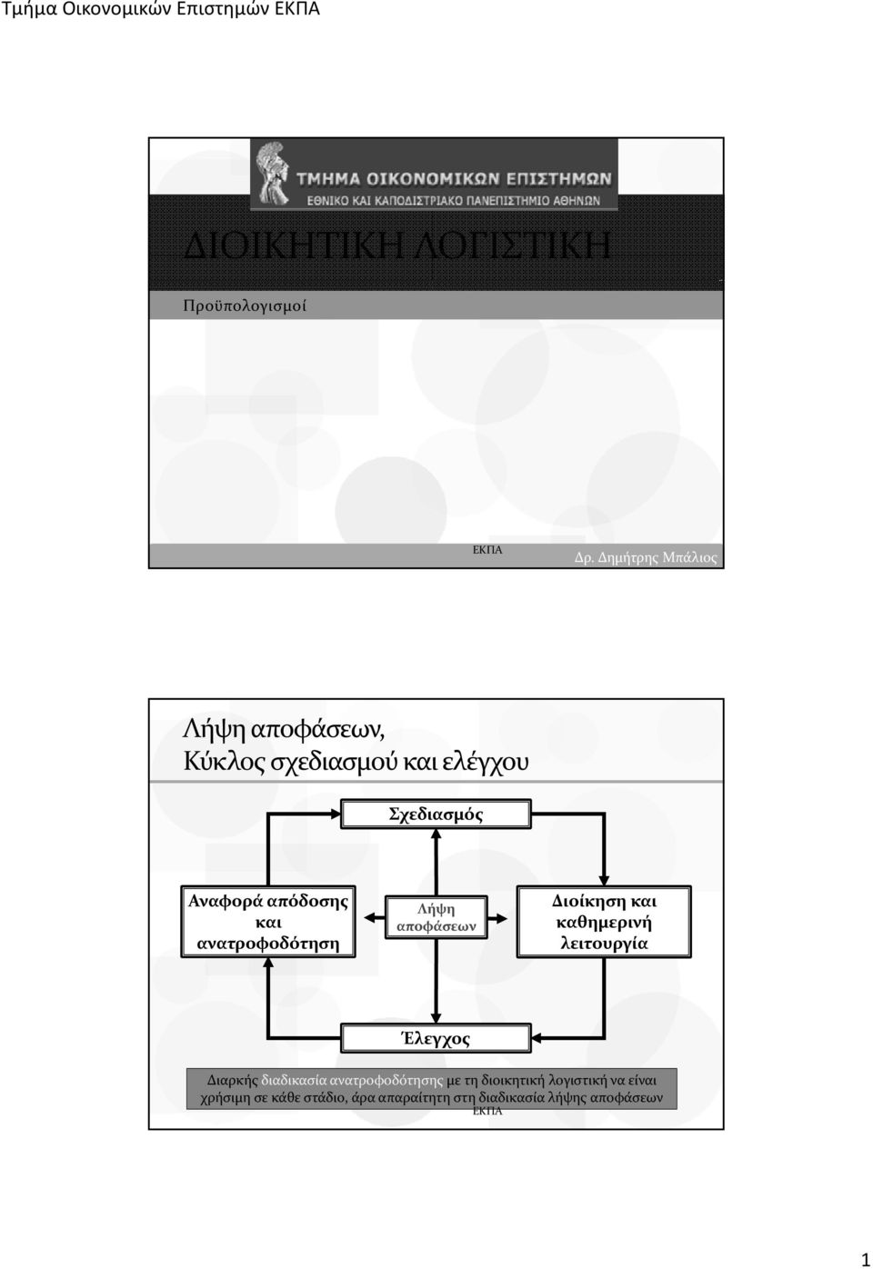 ανατροφοδότηση Λήψη αποφάσεων Διοίκηση και καθημερινή λειτουργία Έλεγχος Διαρκής διαδικασία