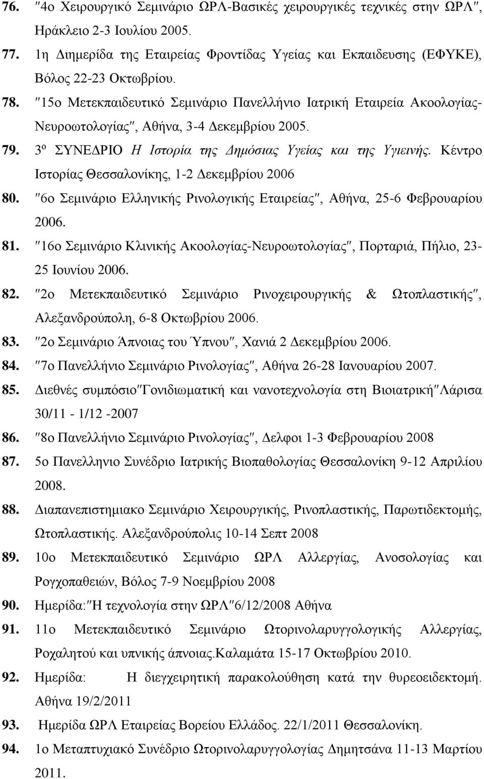 Κέντρο Ιστορίας Θεσσαλονίκης, 1-2 Δεκεμβρίου 2006 80. 6ο Σεμινάριο Ελληνικής Ρινολογικής Εταιρείας, Αθήνα, 25-6 Φεβρουαρίου 2006. 81.