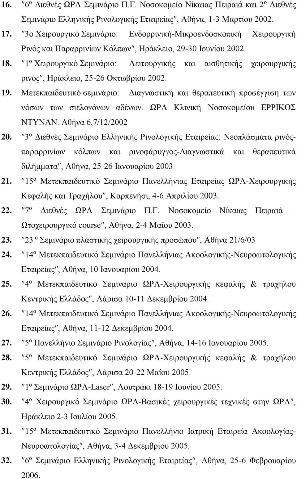 1 ο Χειρουργικό Σεμινάριο: Λειτουργικής και αισθητικής χειρουργικής ρινός, Ηράκλειο, 25-26 Οκτωβρίου 2002. 19.