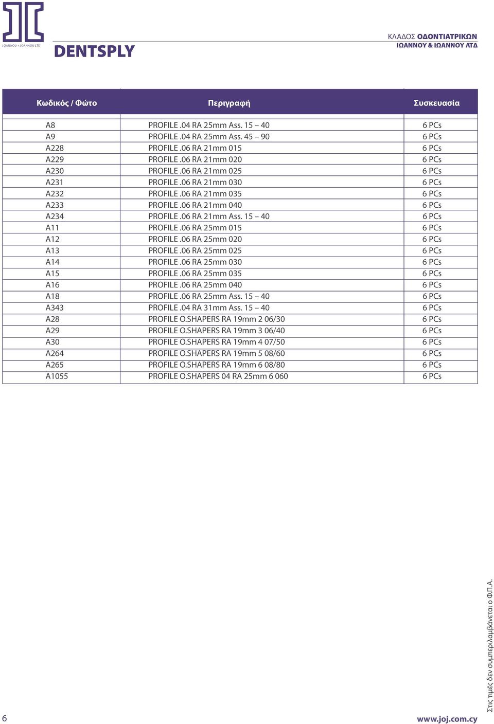 06 RA 25mm 015 6 PCs A12 PROFILE.06 RA 25mm 020 6 PCs A13 PROFILE.06 RA 25mm 025 6 PCs A14 PROFILE.06 RA 25mm 030 6 PCs A15 PROFILE.06 RA 25mm 035 6 PCs A16 PROFILE.06 RA 25mm 040 6 PCs A18 PROFILE.