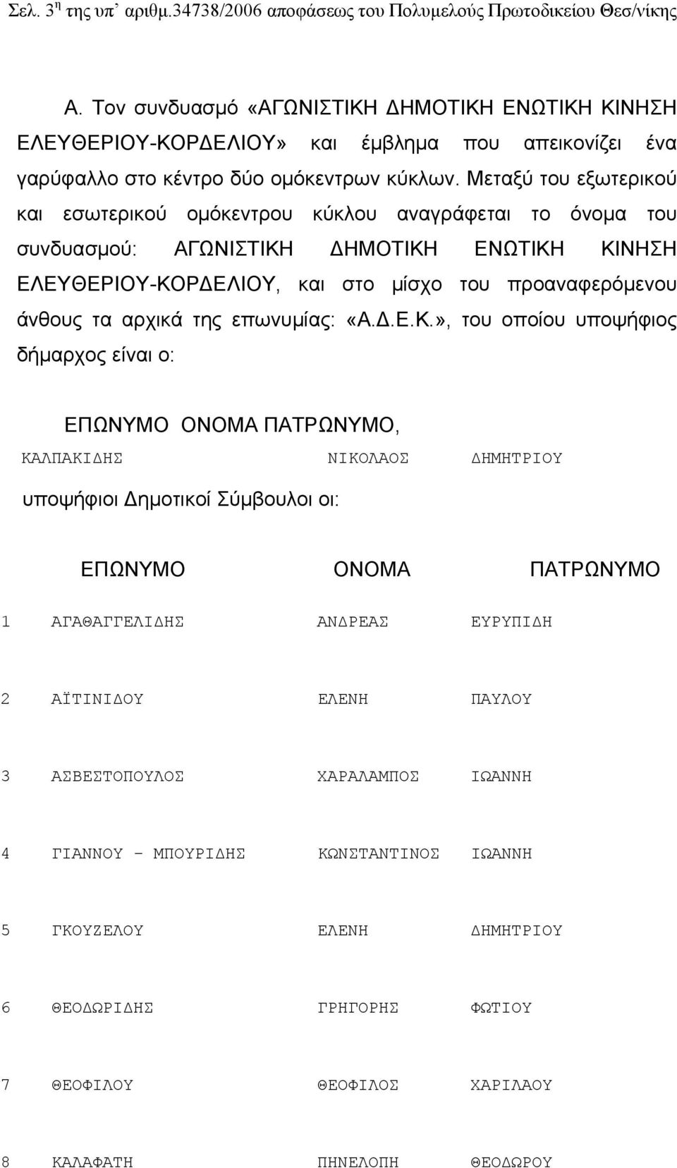 Μεταξύ του εξωτερικού και εσωτερικού ομόκεντρου κύκλου αναγράφεται το όνομα του συνδυασμού: ΑΓΩΝΙΣΤΙΚΗ ΔΗΜΟΤΙΚΗ ΕΝΩΤΙΚΗ ΚΙΝΗΣΗ ΕΛΕΥΘΕΡΙΟΥ-ΚΟΡΔΕΛΙΟΥ, και στο μίσχο του προαναφερόμενου άνθους τα αρχικά