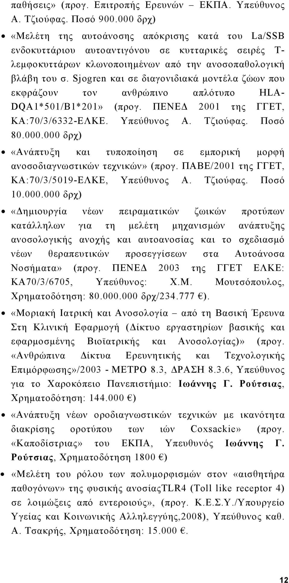 Sjogren και σε διαγονιδιακά μοντέλα ζώων που εκφράζουν τον ανθρώπινο απλότυπο HLA- DQA1*501/B1*201» (προγ. ΠΕΝΕΔ 2001 της ΓΓΕΤ, ΚΑ:70/3/6332-ΕΛΚΕ. Υπεύθυνος Α. Τζιούφας. Ποσό 80.000.