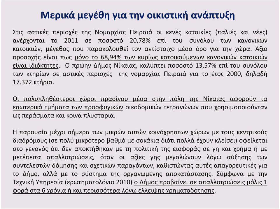 Ο πρώην Δήμος Νίκαιας, καλύπτει ποσοστό 13,57% επί του συνόλου των κτηρίων σε αστικές περιοχές της νομαρχίας Πειραιά για το έτος 2000, δηλαδή 17.372 κτήρια.