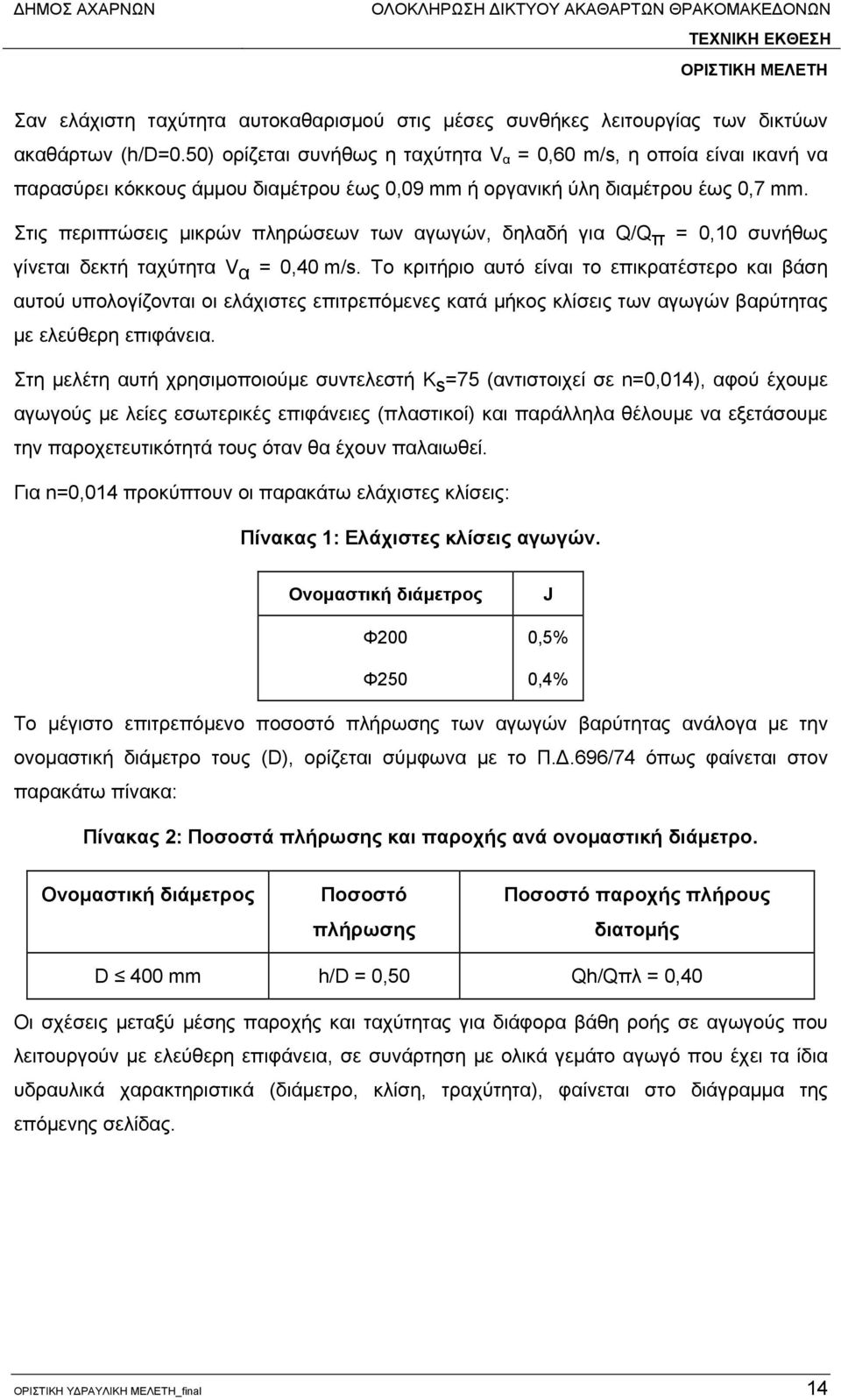 Στις περιπτώσεις μικρών πληρώσεων των αγωγών, δηλαδή για Q/Q π = 0,10 συνήθως γίνεται δεκτή ταχύτητα V α = 0,40 m/s.