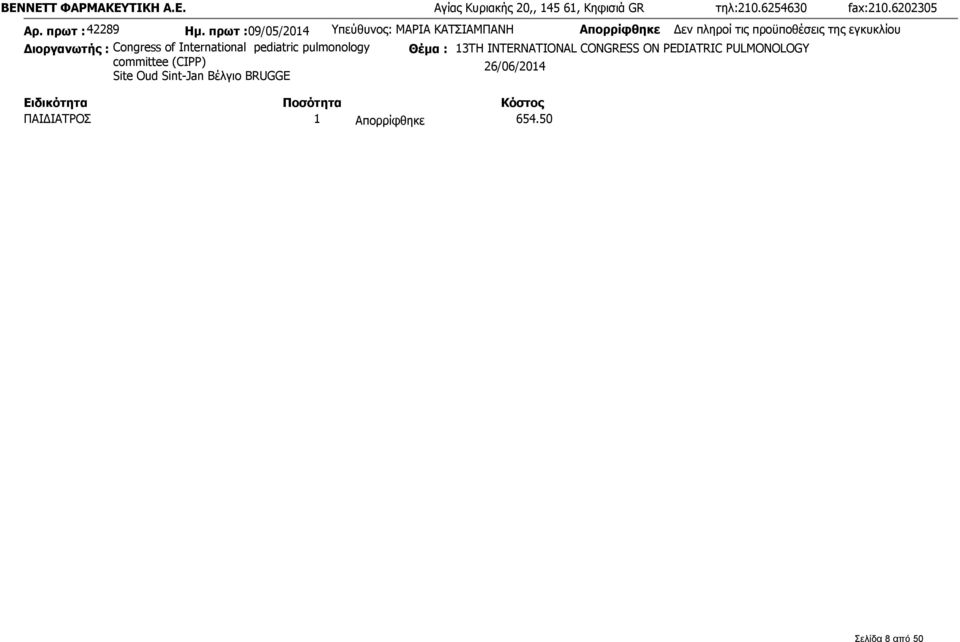 πρωτ :09/05/2014 Υπεύθυνος: ΜΑΡΙΑ ΚΑΤΣΙΑΜΠΑΝΗ Απορρίφθηκε Δεν πληροί τις προϋποθέσεις της εγκυκλίου