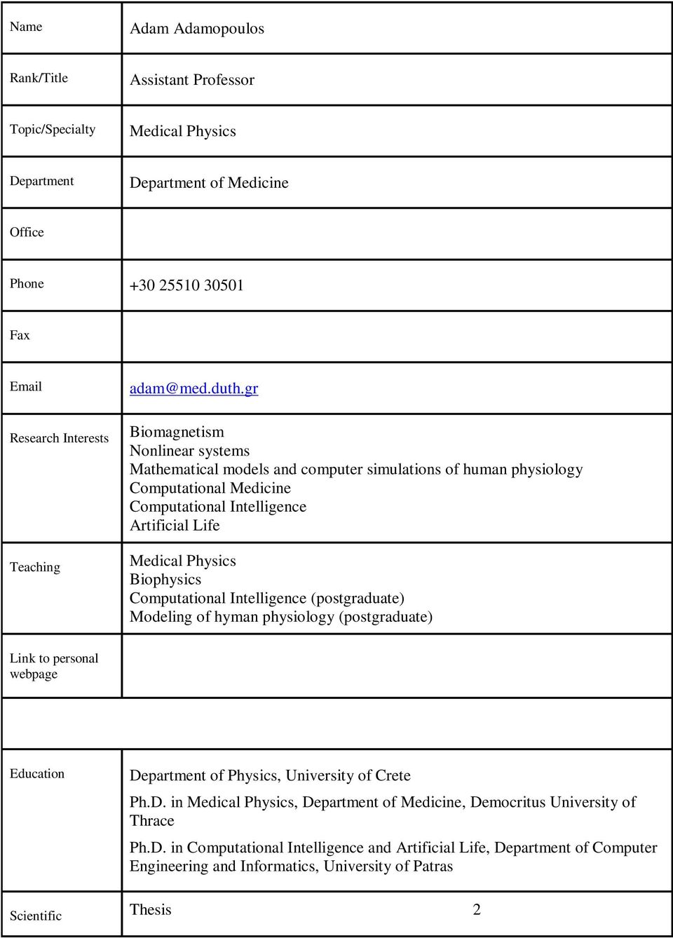 Computational Intelligence (postgraduate) Modeling of hyman physiology (postgraduate) Link to personal webpage Education De