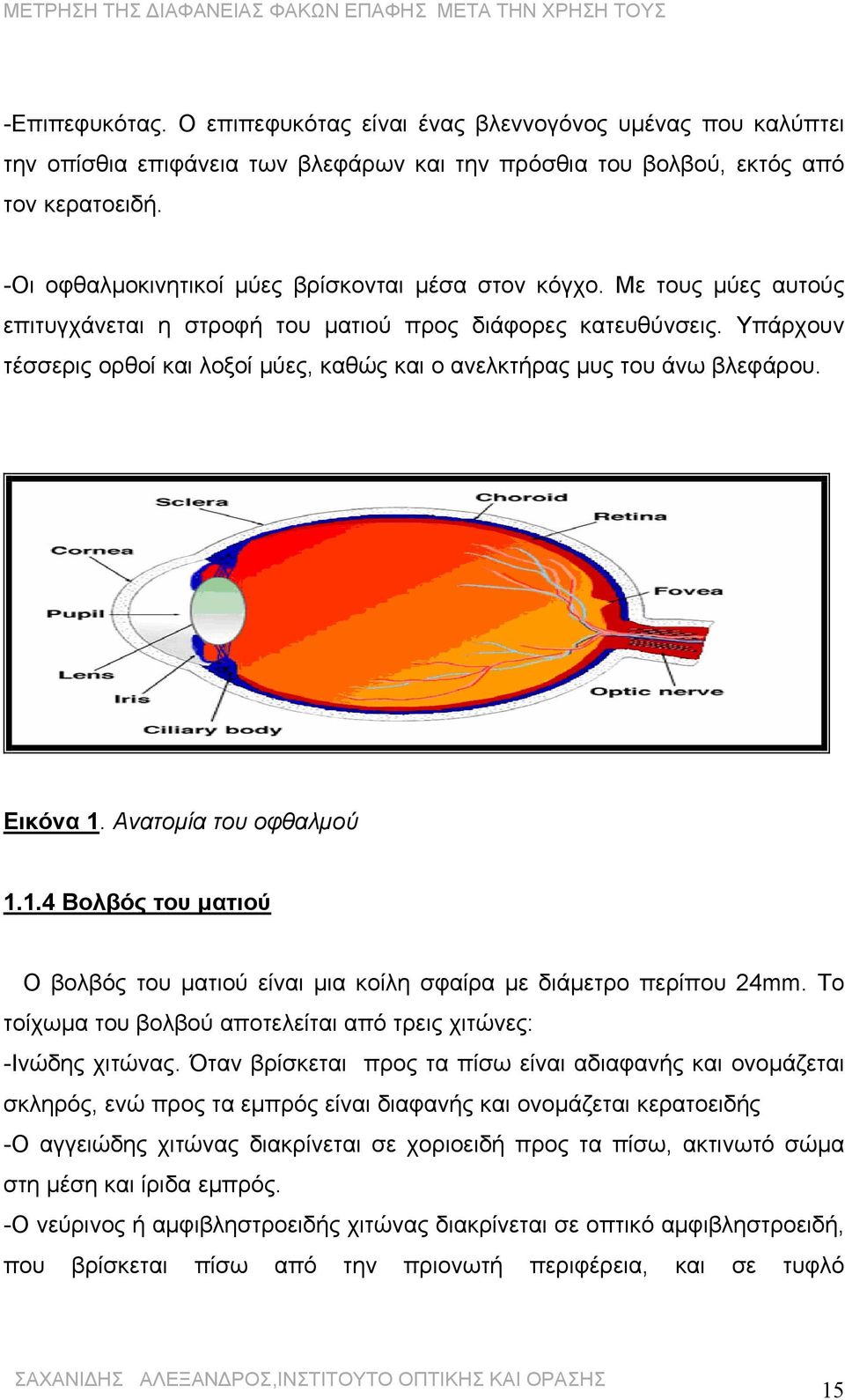 Υπάρχουν τέσσερις ορθοί και λοξοί μύες, καθώς και ο ανελκτήρας μυς του άνω βλεφάρου. Εικόνα 1. Ανατομία του οφθαλμού 1.1.4 Βολβός του ματιού Ο βολβός του ματιού είναι μια κοίλη σφαίρα με διάμετρο περίπου 24mm.