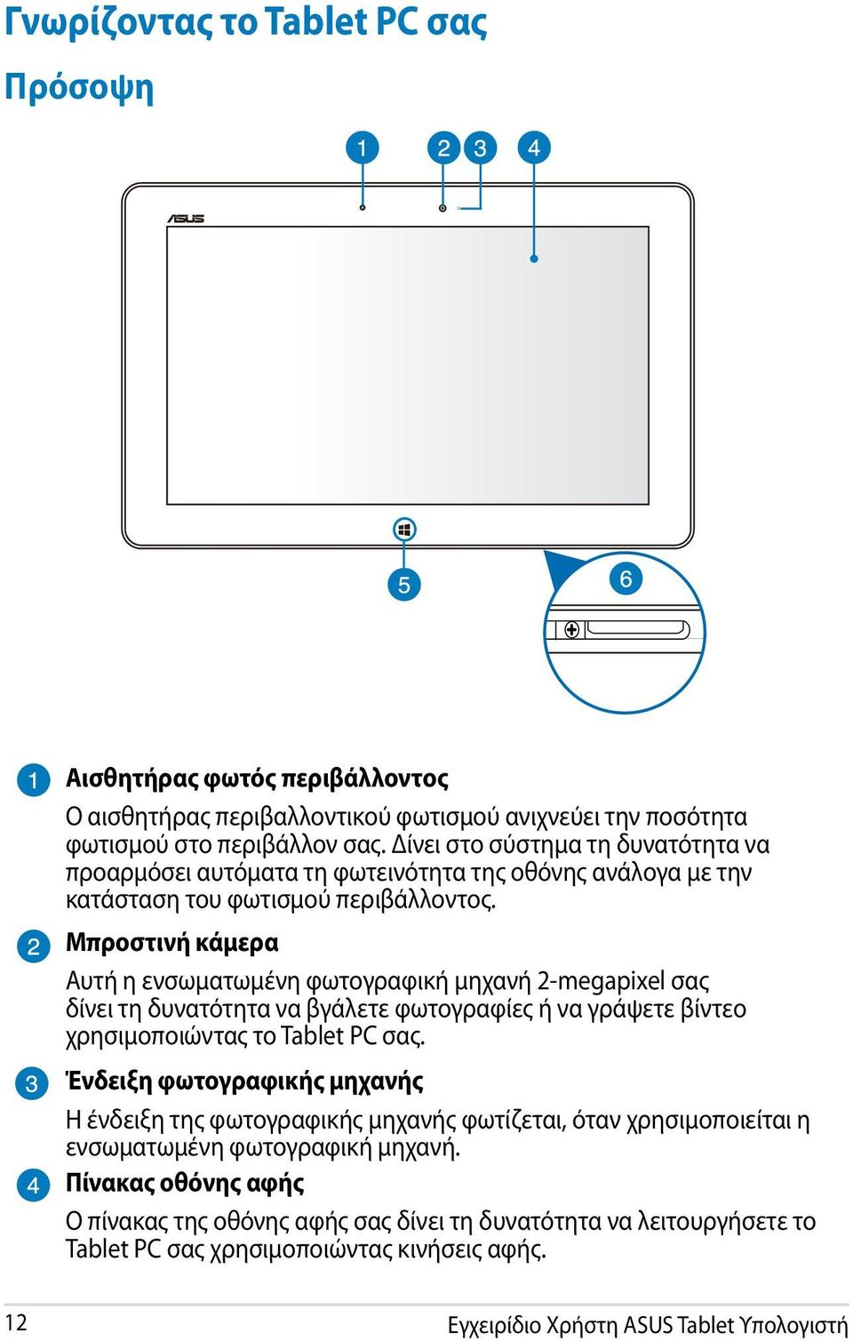 Μπροστινή κάμερα Αυτή η ενσωματωμένη φωτογραφική μηχανή 2-megapixel σας δίνει τη δυνατότητα να βγάλετε φωτογραφίες ή να γράψετε βίντεο χρησιμοποιώντας το Tablet PC σας.