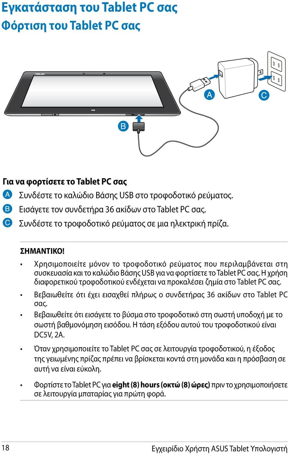Χρησιμοποιείτε μόνον το τροφοδοτικό ρεύματος που περιλαμβάνεται στη συσκευασία και το καλώδιο Βάσης USB για να φορτίσετε το Tablet PC σας.