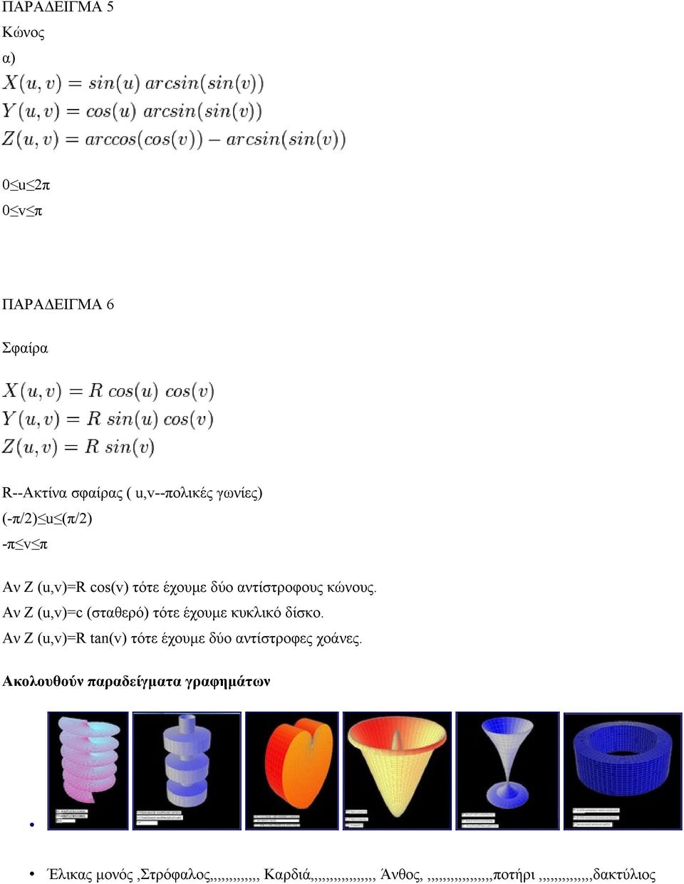 Αν Z (u,v)=c (σταθερό) τότε έχουμε κυκλικό δίσκο. Αν Z (u,v)=r tan(v) τότε έχουμε δύο αντίστροφες χοάνες.