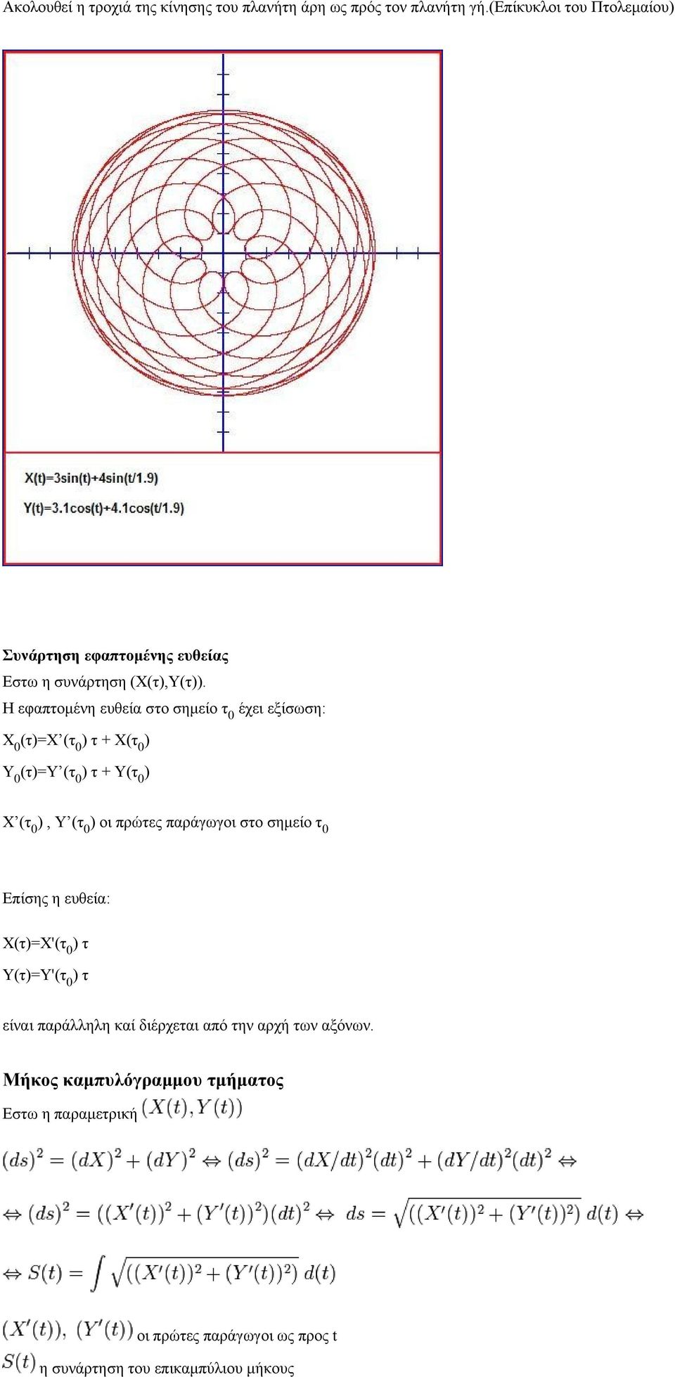 Η εφαπτομένη ευθεία στο σημείο τ 0 έχει εξίσωση: Χ 0 (τ)=χ (τ 0 ) τ + Χ(τ 0 ) Υ 0 (τ)=υ (τ 0 ) τ + Υ(τ 0 ) Χ (τ 0 ), Υ (τ 0 ) οι