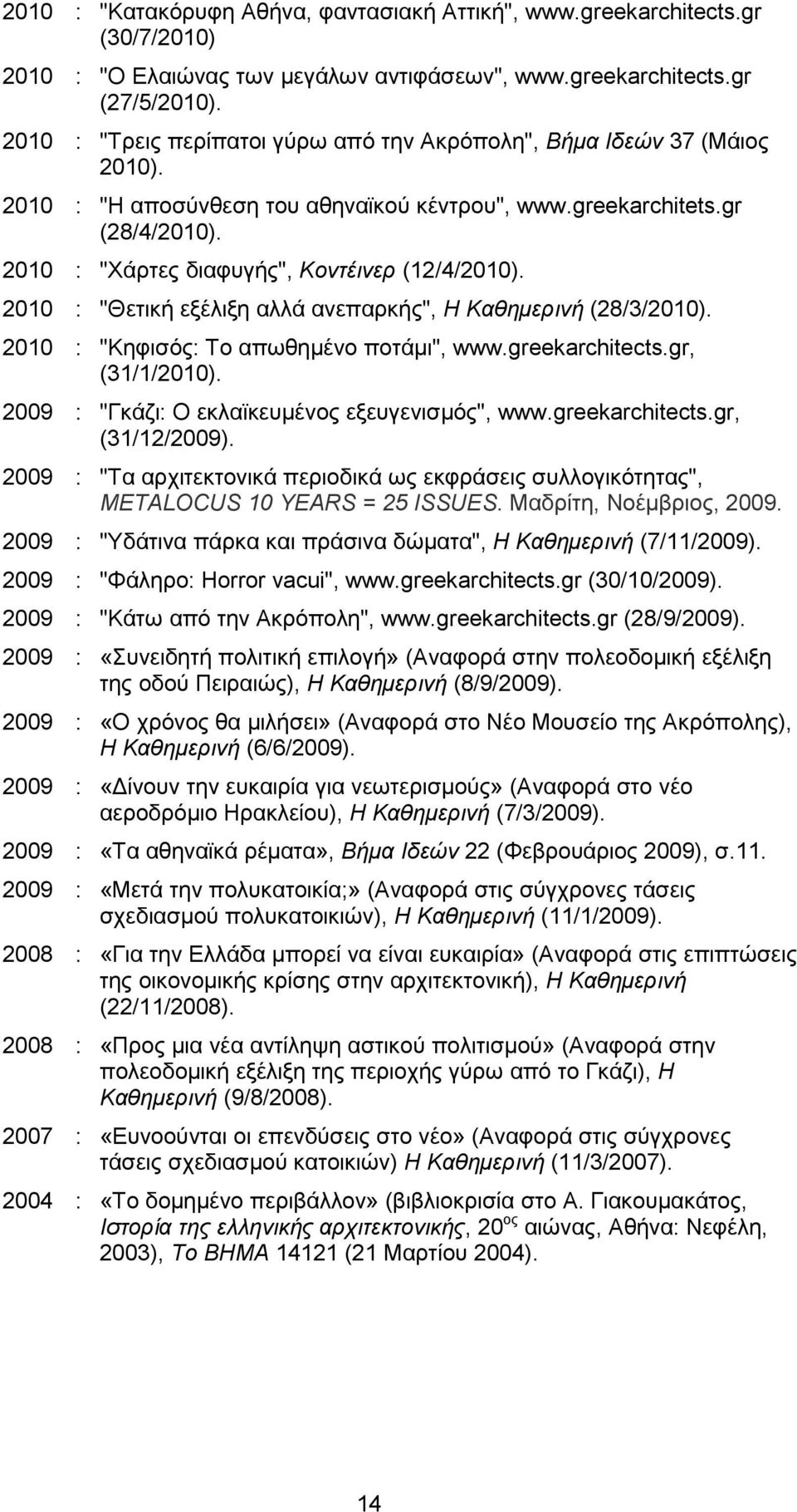 2010 : "Χάρτες διαφυγής", Κοντέινερ (12/4/2010). 2010 : "Θετική εξέλιξη αλλά ανεπαρκής", Η Καθηµερινή (28/3/2010). 2010 : "Κηφισός: Το απωθηµένο ποτάµι", www.greekarchitects.gr, (31/1/2010).