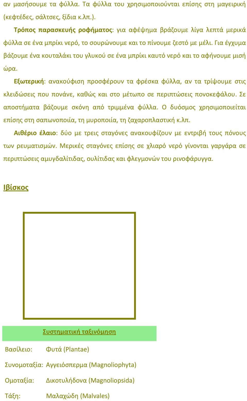 Για έγχυμα βάζουμε ένα κουταλάκι του γλυκού σε ένα μπρίκι καυτό νερό και το αφήνουμε μισή ώρα.