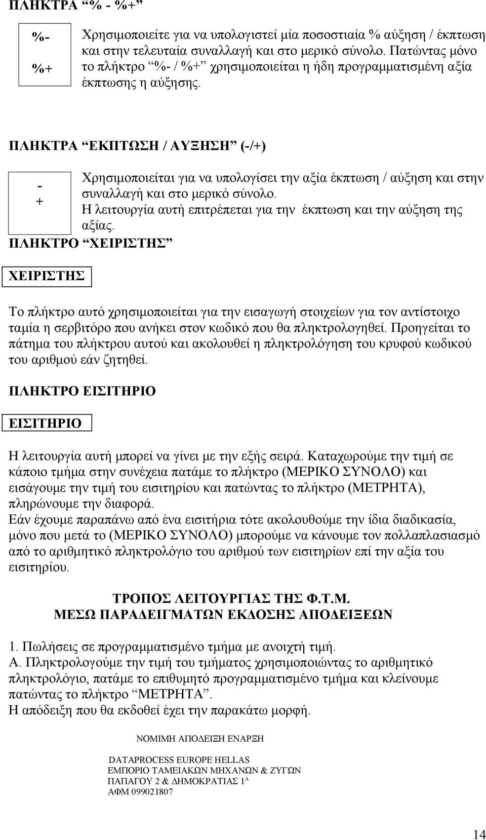 ΠΛΗΚΤΡΑ ΕΚΠΤΩΣΗ / ΑΥΞΗΣΗ (-/+) - + Χρησιμοποιείται για να υπολογίσει την αξία έκπτωση / αύξηση και στην συναλλαγή και στο μερικό σύνολο.