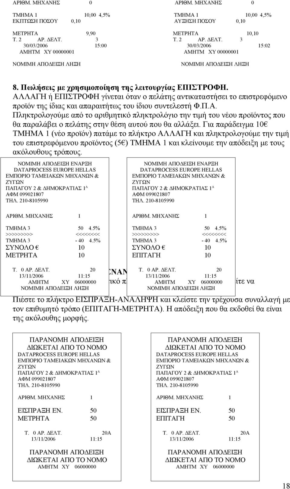 ΑΛΛΑΓΗ ή ΕΠΙΣΤΡΟΦΗ γίνεται όταν ο πελάτης αντικαταστήσει το επιστρεφόμενο προϊόν της ίδιας και απαραιτήτως του ίδιου συντελεστή Φ.Π.Α. Πληκτρολογούμε από το αριθμητικό πληκτρολόγιο την τιμή του νέου προϊόντος που θα παραλάβει ο πελάτης στην θέση αυτού που θα αλλάξει.