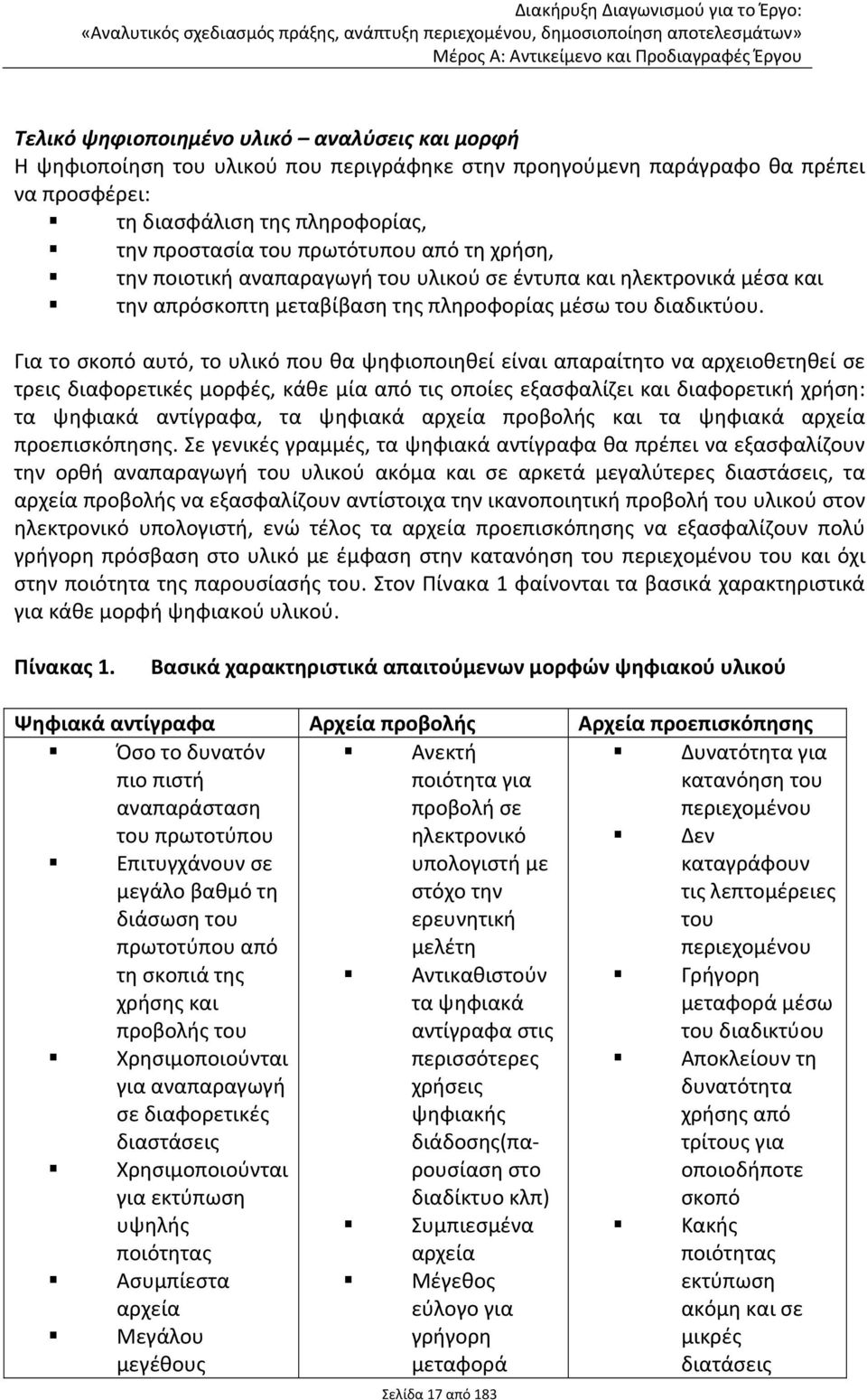 Για το σκοπό αυτό, το υλικό που θα ψηφιοποιηθεί είναι απαραίτητο να αρχειοθετηθεί σε τρεις διαφορετικές μορφές, κάθε μία από τις οποίες εξασφαλίζει και διαφορετική χρήση: τα ψηφιακά αντίγραφα, τα