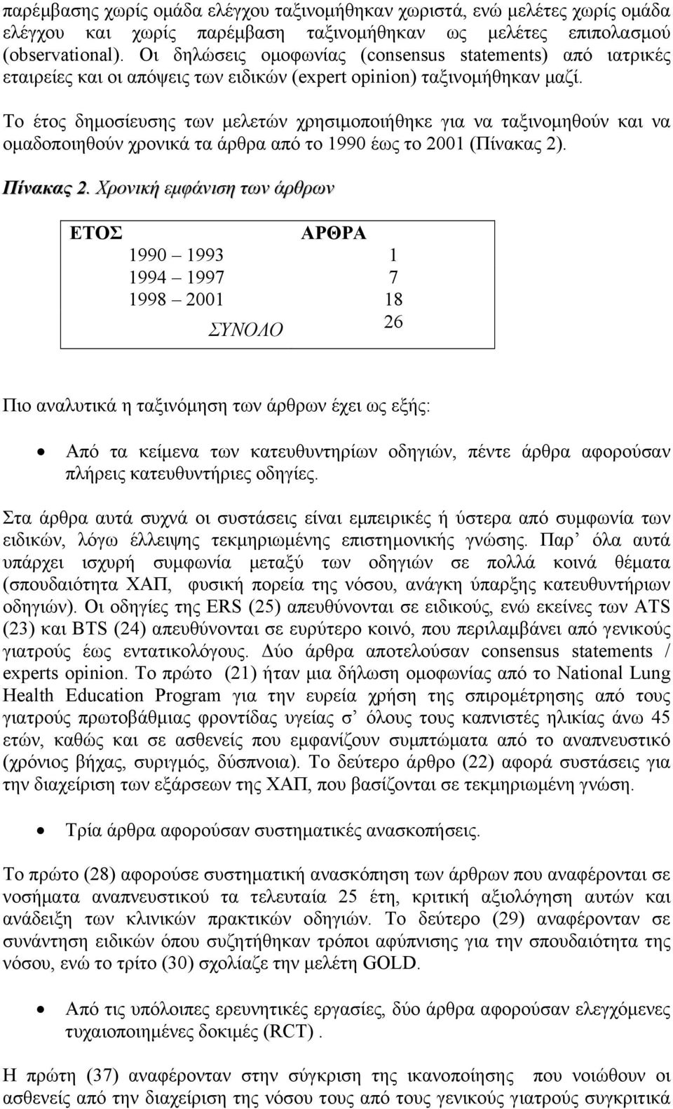 Το έτος δηµοσίευσης των µελετών χρησιµοποιήθηκε για να ταξινοµηθούν και να οµαδοποιηθούν χρονικά τα άρθρα από το 1990 έως το 2001 (Πίνακας 2). Πίνακας 2.