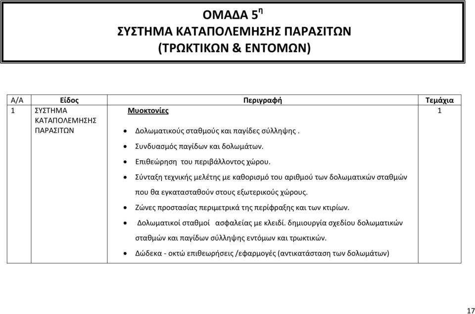 Σύνταξη τεχνικής μελέτης με καθορισμό του αριθμού των δολωματικών σταθμών που θα εγκατασταθούν στους εξωτερικούς χώρους.