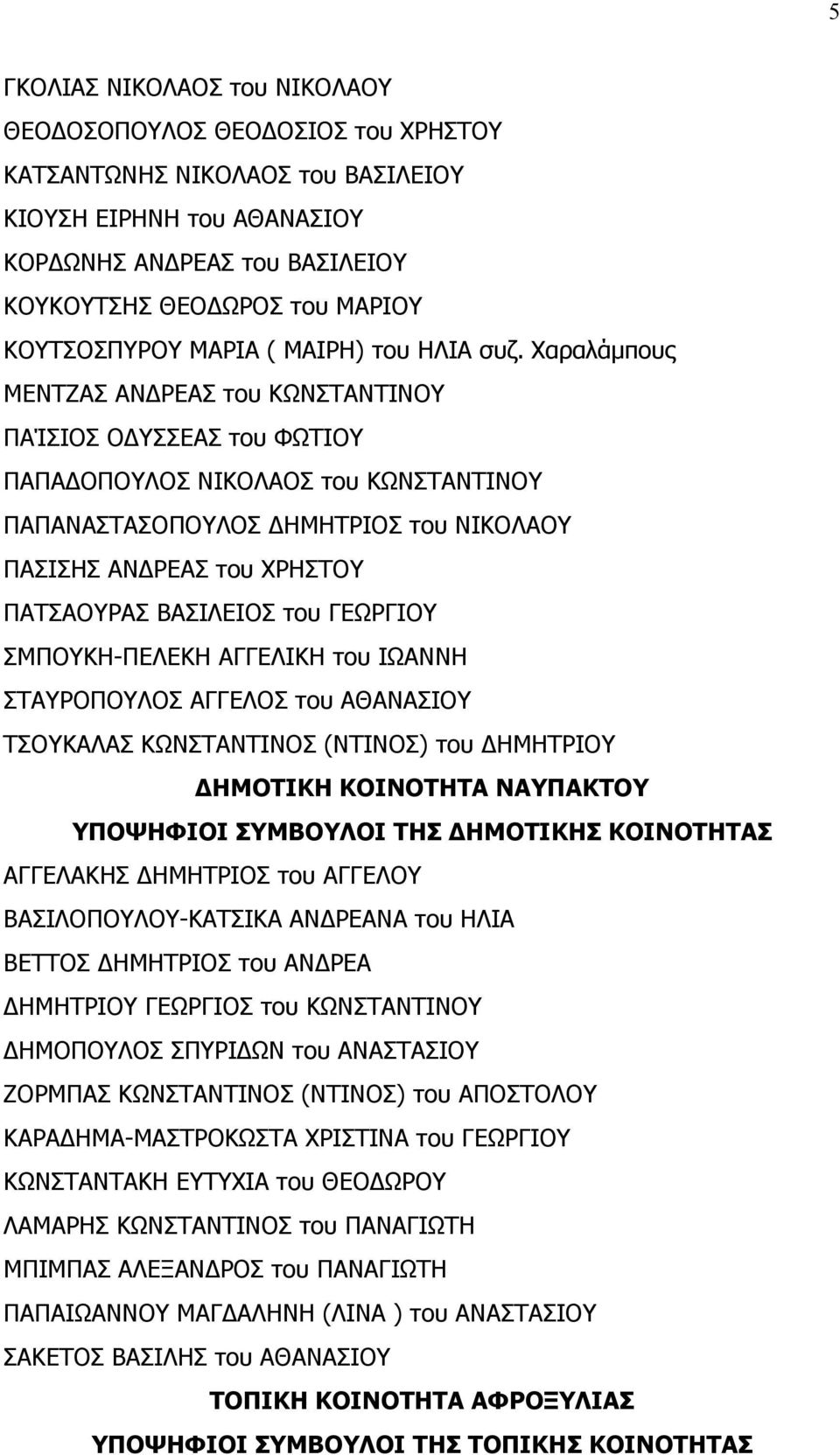 Χαραλάµπους ΜΕΝΤΖΑΣ ΑΝ ΡΕΑΣ του ΚΩΝΣΤΑΝΤΙΝΟΥ ΠΑΊΣΙΟΣ Ο ΥΣΣΕΑΣ του ΦΩΤΙΟΥ ΠΑΠΑ ΟΠΟΥΛΟΣ ΝΙΚΟΛΑΟΣ του ΚΩΝΣΤΑΝΤΙΝΟΥ ΠΑΠΑΝΑΣΤΑΣΟΠΟΥΛΟΣ ΗΜΗΤΡΙΟΣ του ΝΙΚΟΛΑΟΥ ΠΑΣΙΣΗΣ ΑΝ ΡΕΑΣ του ΧΡΗΣΤΟΥ ΠΑΤΣΑΟΥΡΑΣ