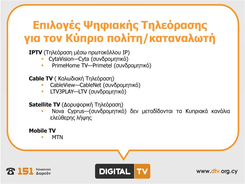 Τηλεόραση) CableView CableNet (συνδρομητικό) LTV3PLAY LTV (συνδρομητικό) Satellite TV (Δορυφορική