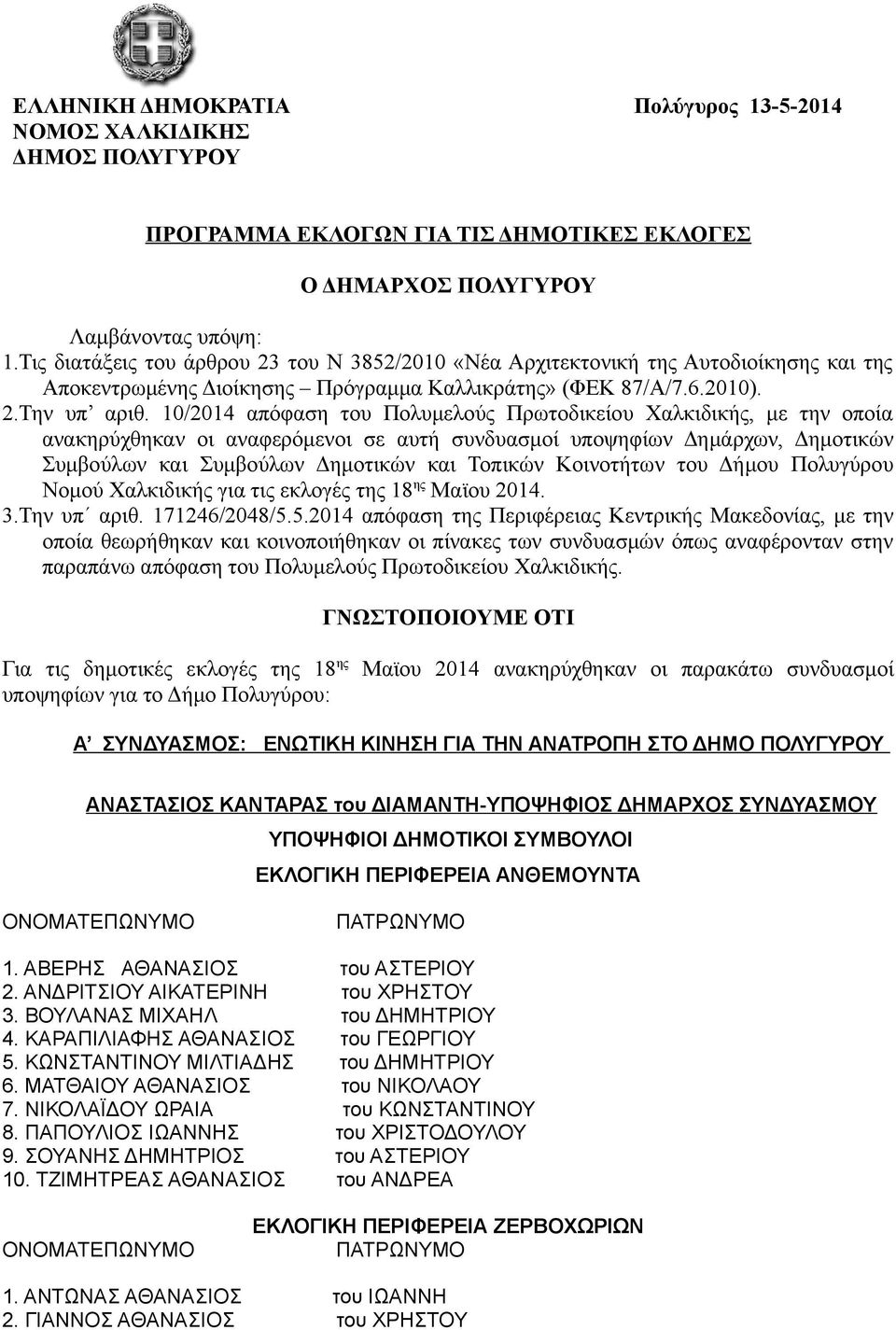 10/2014 απόφαση του Πολυμελούς Πρωτοδικείου Χαλκιδικής, με την οποία ανακηρύχθηκαν οι αναφερόμενοι σε αυτή συνδυασμοί υποψηφίων Δημάρχων, Δημοτικών Συμβούλων και Συμβούλων Δημοτικών και Τοπικών