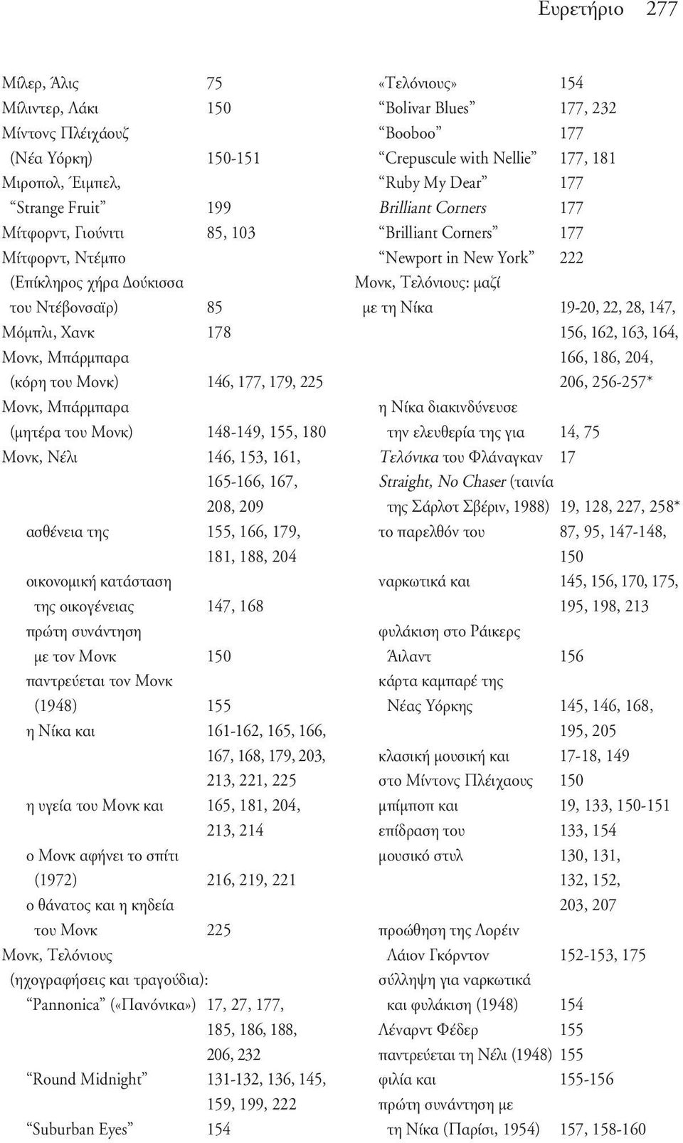 155, 166, 179, 181, 188, 204 οικονομική κατάσταση της οικογένειας 147, 168 πρώτη συνάντηση με τον Μονκ 150 παντρεύεται τον Μονκ (1948) 155 η Νίκα και 161-162, 165, 166, 167, 168, 179, 203, 213, 221,