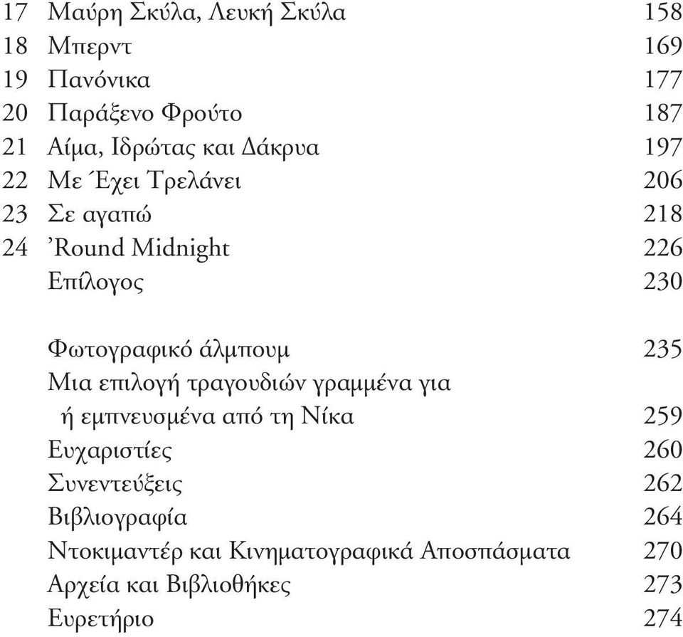 άλμπουμ 235 Μια επιλογή τραγουδιών γραμμένα για ή εμπνευσμένα από τη Νίκα 259 Ευχαριστίες 260