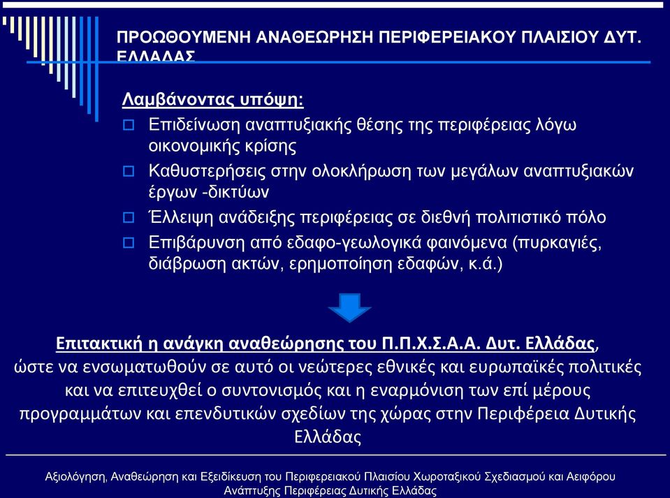 -δικτύων Έλλειψη ανάδειξης περιφέρειας σε διεθνή πολιτιστικό πόλο Επιβάρυνση από εδαφο-γεωλογικά φαινόμενα (πυρκαγιές, διάβρωση ακτών, ερημοποίηση εδαφών, κ.ά.) Επιτακτική η ανάγκη αναθεώρησης του Π.