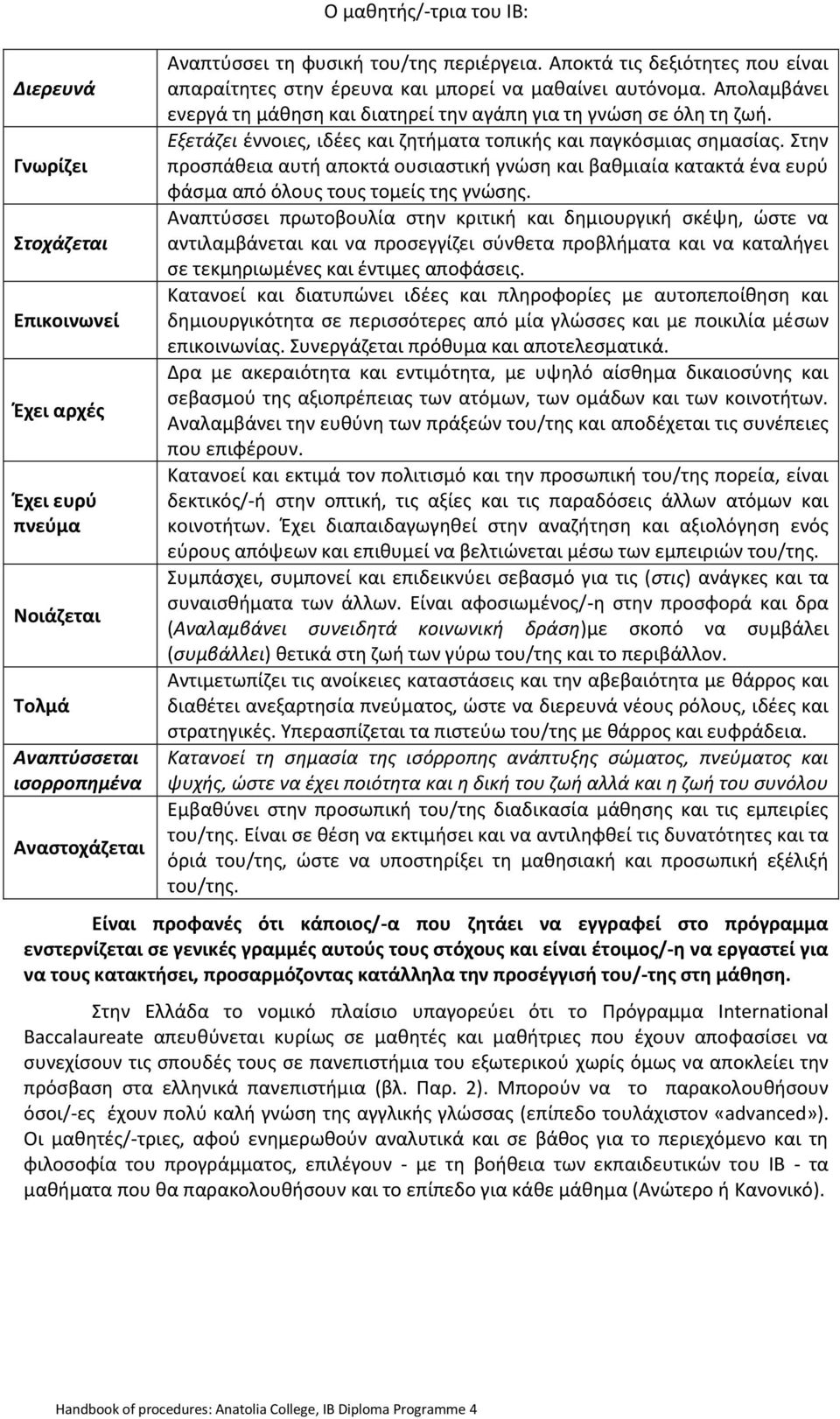 Εξετάζει έννοιες, ιδέες και ζητήματα τοπικής και παγκόσμιας σημασίας. Στην προσπάθεια αυτή αποκτά ουσιαστική γνώση και βαθμιαία κατακτά ένα ευρύ φάσμα από όλους τους τομείς της γνώσης.