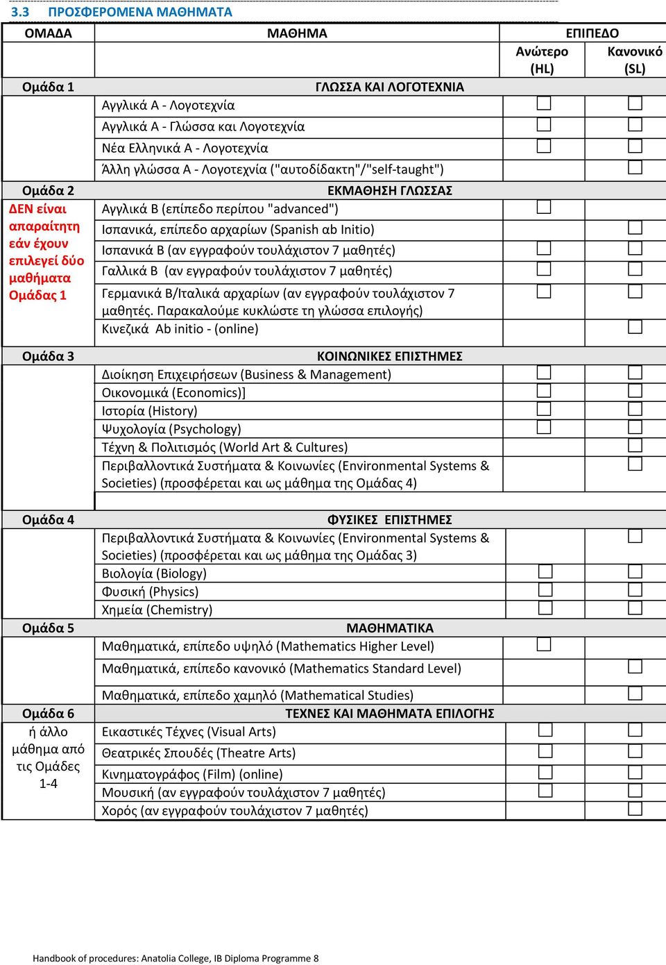 αρχαρίων (Spanish αb Initio) Ισπανικά B (αν εγγραφούν τουλάχιστον 7 μαθητές) Γαλλικά B (αν εγγραφούν τουλάχιστον 7 μαθητές) Γερμανικά Β/Ιταλικά αρχαρίων (αν εγγραφούν τουλάχιστον 7 μαθητές.