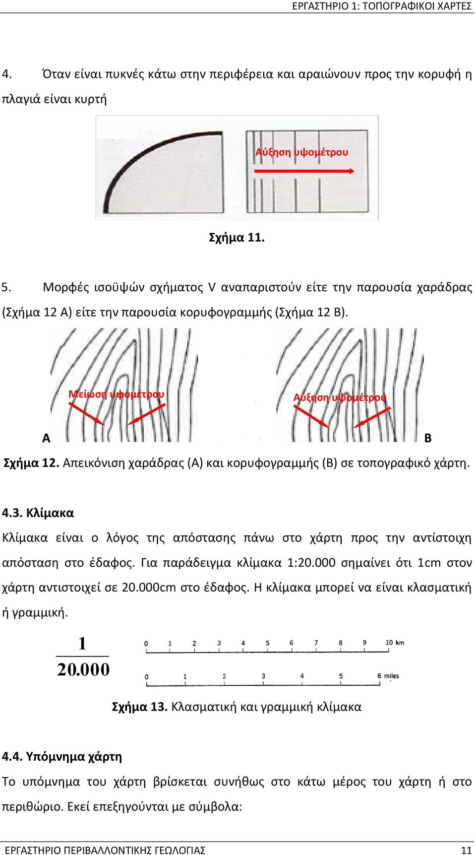 Απεικόνιση χαράδρας (Α) και κορυφογραμμής (Β) σε τοπογραφικό χάρτη. B 4.3. Κλίμακα Κλίμακα είναι ο λόγος της απόστασης πάνω στο χάρτη προς την αντίστοιχη απόσταση στο έδαφος.