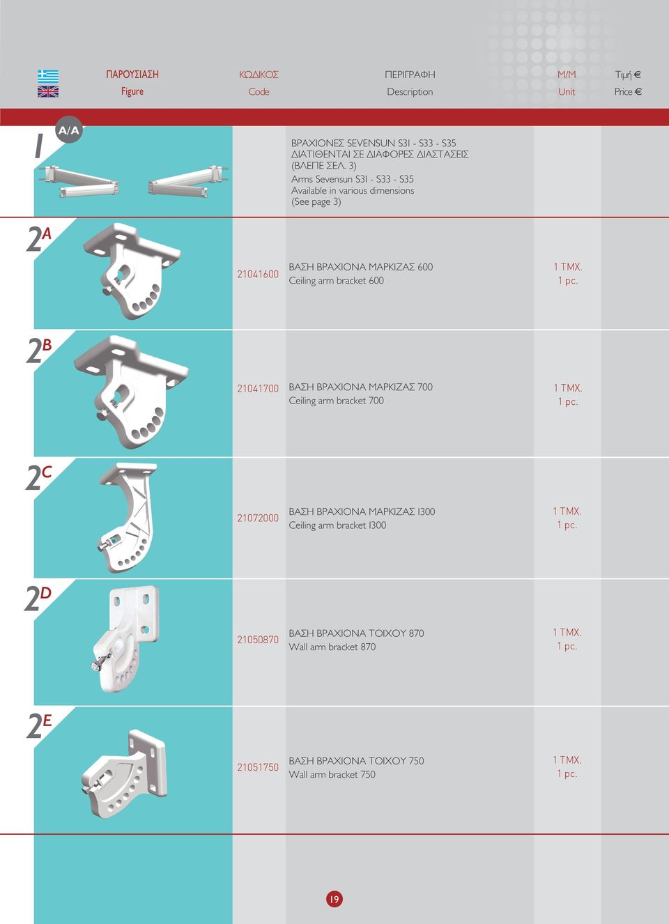 Ceiling arm bracket 00 2 B 21041700 ΒΑΣΗ ΒΡΑΧΙΟΝΑ ΜΑΡΚΙΖΑΣ 700 Ceiling arm bracket 700 2 C 21072000 ΒΑΣΗ ΒΡΑΧΙΟΝΑ