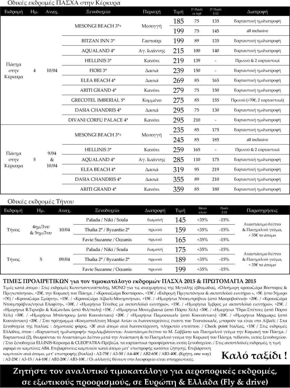 Ιωάννης 21 100 10 Εορταστική ημιδιατροφή Πάσχα στην Κέρκυρα HELLINIS 3* Κανόνι 219 139 - Πρωινό & 2 εορταστικά FIORI 3* Δασιά 239 10 - Εορταστική ημιδιατροφή ELEA BEACH * Δασιά 269 8 16 Εορταστική