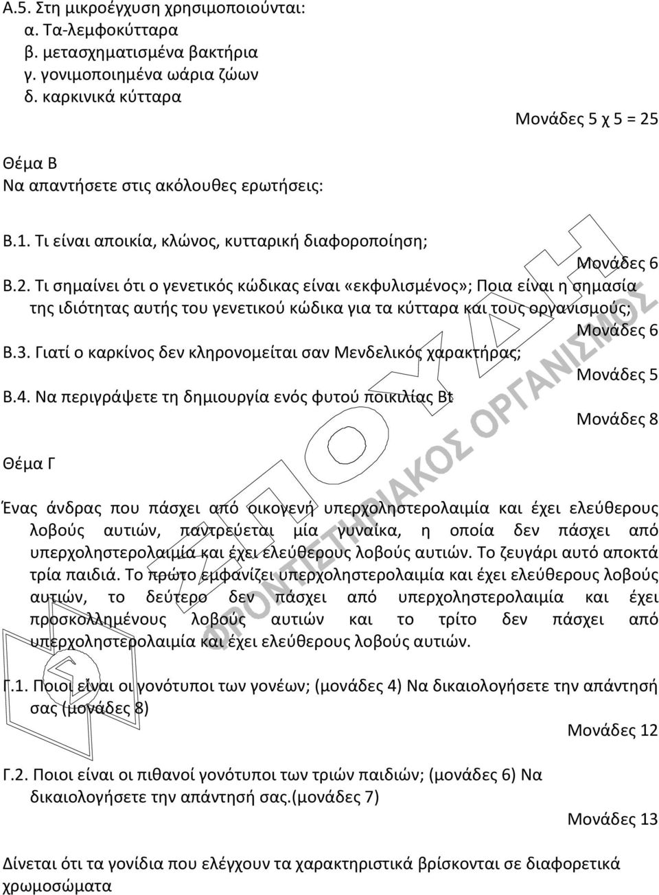 Θέμα Β Να απαντήσετε στις ακόλουθες ερωτήσεις: Β.1. Τι είναι αποικία, κλώνος, κυτταρική διαφοροποίηση; Μονάδες 6 Β.2.