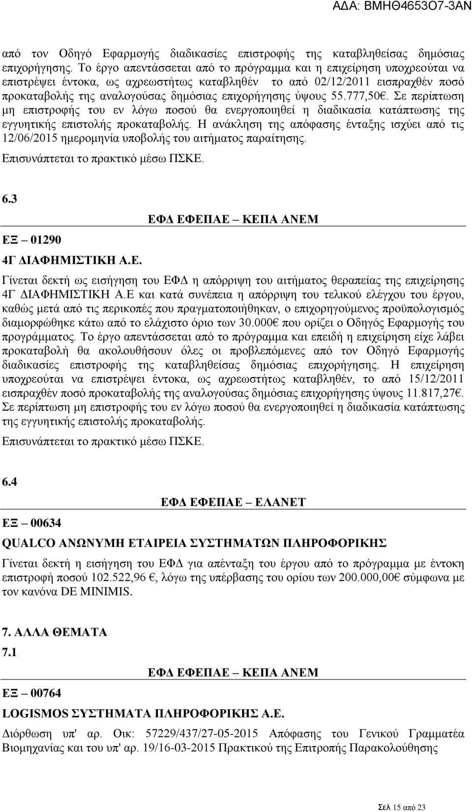 ύψους 55.777,50. Σε περίπτωση μη επιστροφής του εν λόγω ποσού θα ενεργοποιηθεί η διαδικασία κατάπτωσης της εγγυητικής επιστολής προκαταβολής.