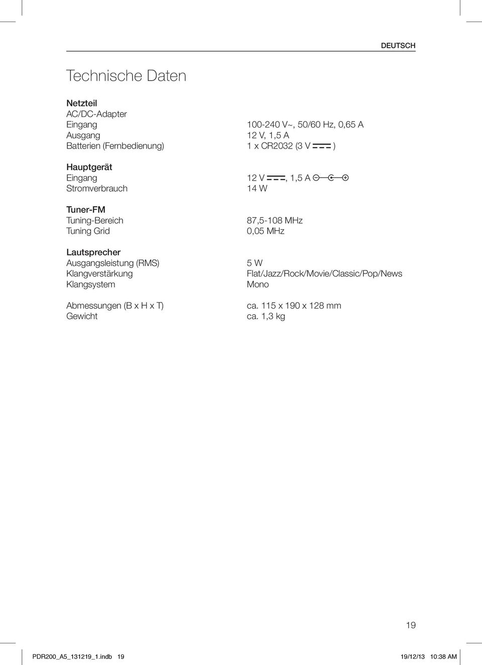 Abmessungen (B x H x T) Gewicht 100-240 V~, 50/60 Hz, 0,65 A 12 V, 1,5 A 1 x CR2032 (3 V ) 12 V, 1,5 A 14 W 87,5-108 MHz